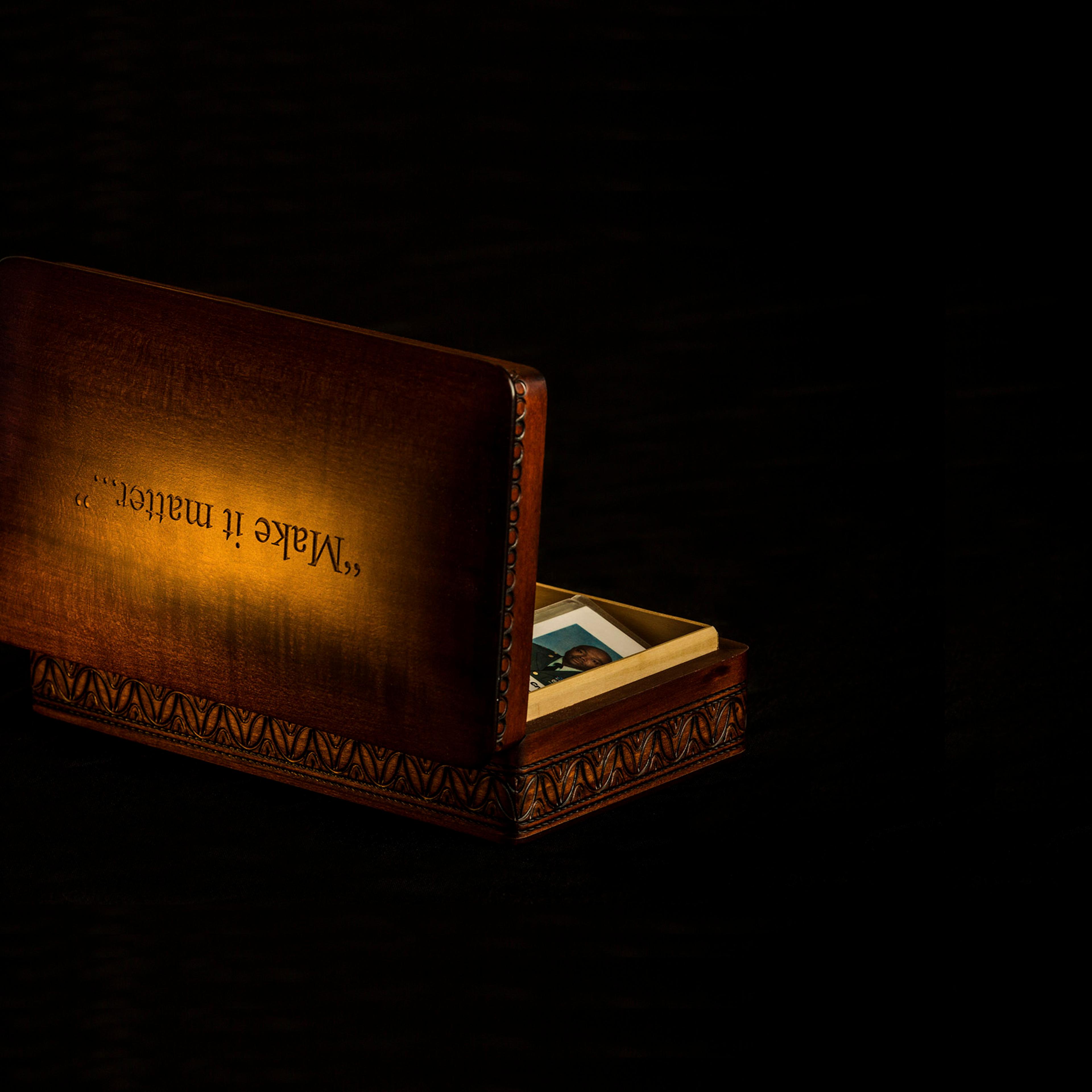 A box into which is engraved "Make it matter..." in the office of Chairman of the Joint Chiefs of Staff Martin Dempsey at the Pentagon in Washington, DC on November 24, 2014.