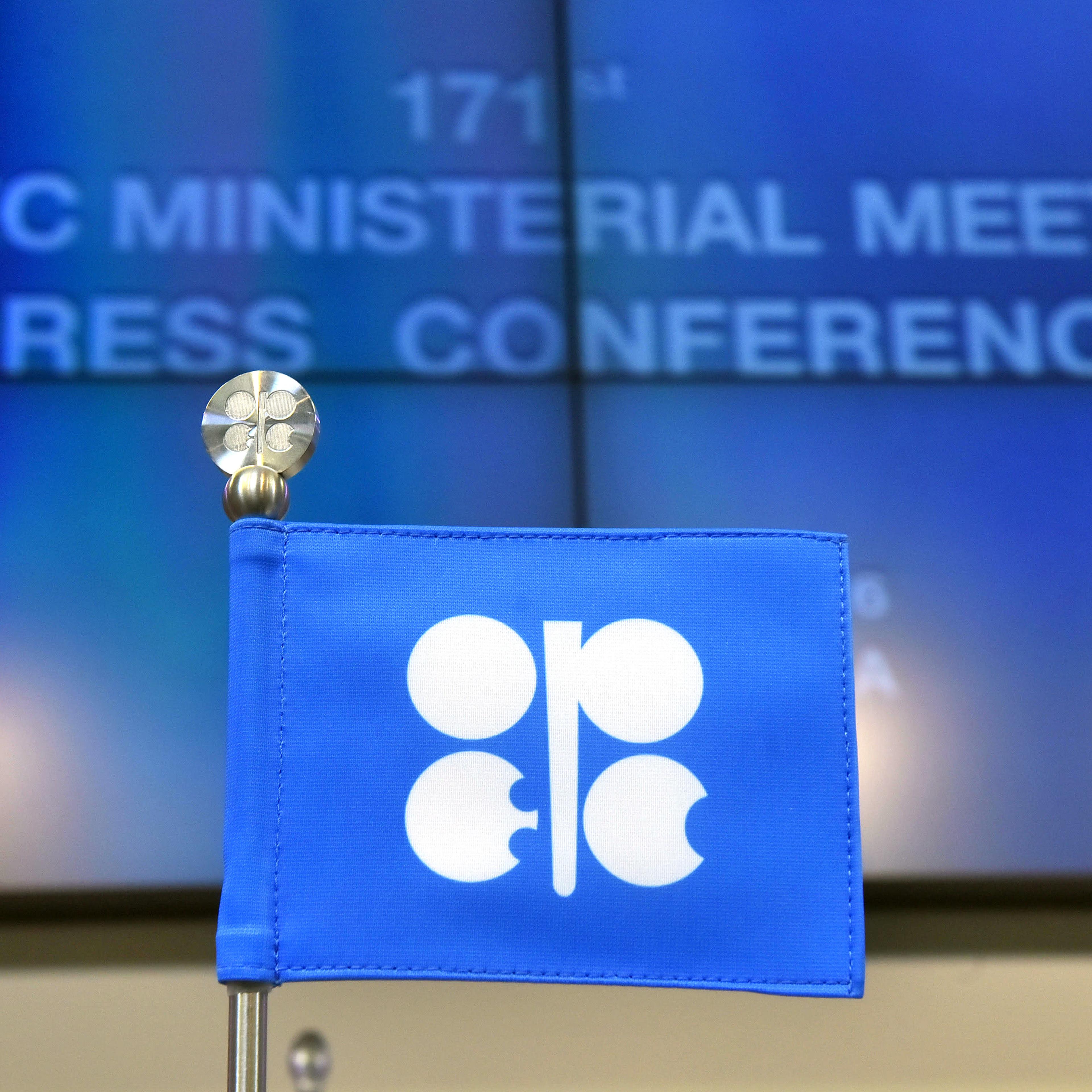 An OPEC branded flag sits on a table ahead of the 171st Organization of Petroleum Exporting Countries (OPEC) meeting in Vienna, Austria, on Wednesday, Nov. 30, 2016.