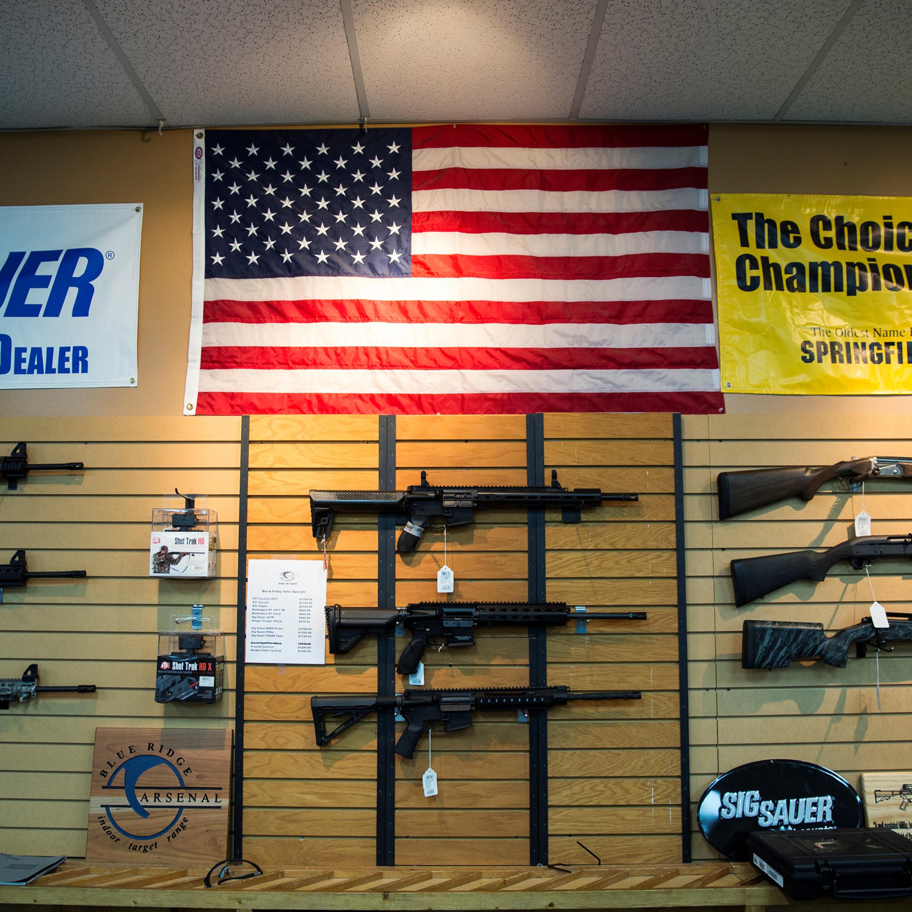 WASHINGTON, USA - JANUARY 9: AR-15 style rifles and shotguns for sale at Blue Ridge Arsenal in Chantilly, Va., USA on January 9, 2015. (Photo by Samuel Corum/Anadolu Agency/Getty Images)