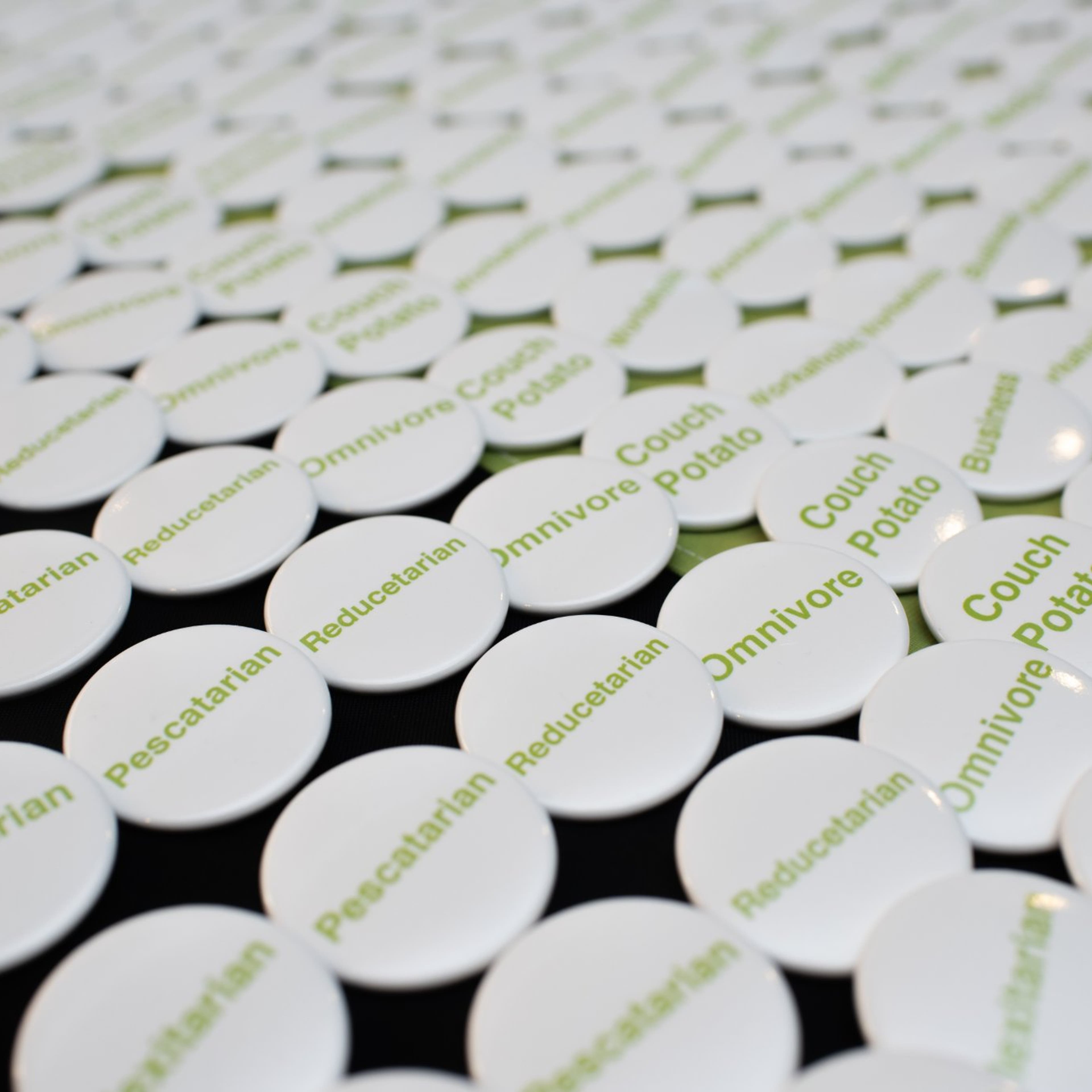Buttons at the recent Reducetarian Summit in San Francisco.
