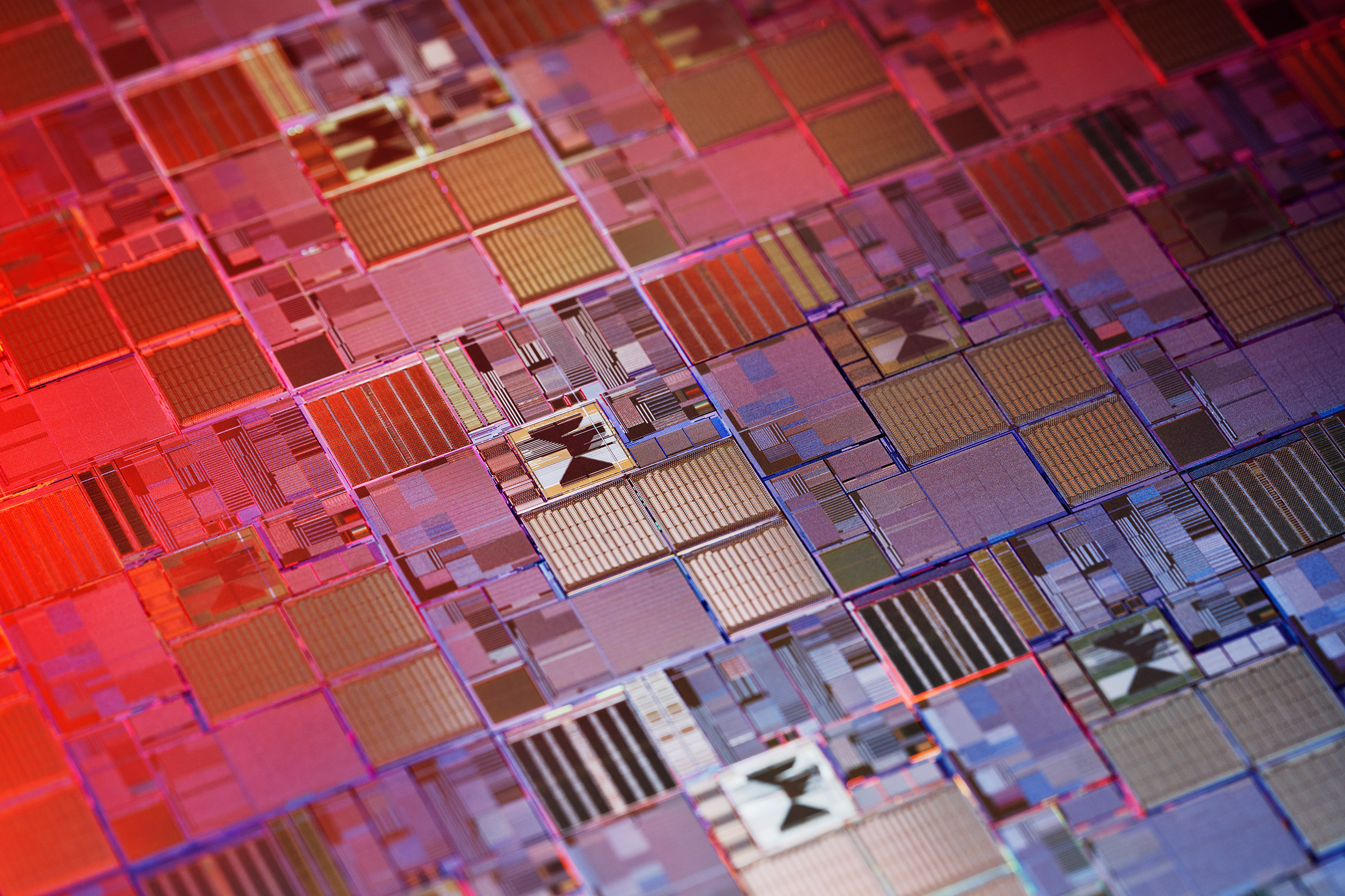 A finished 300-mm semiconductor wafer, before it is diced into individual computer chips