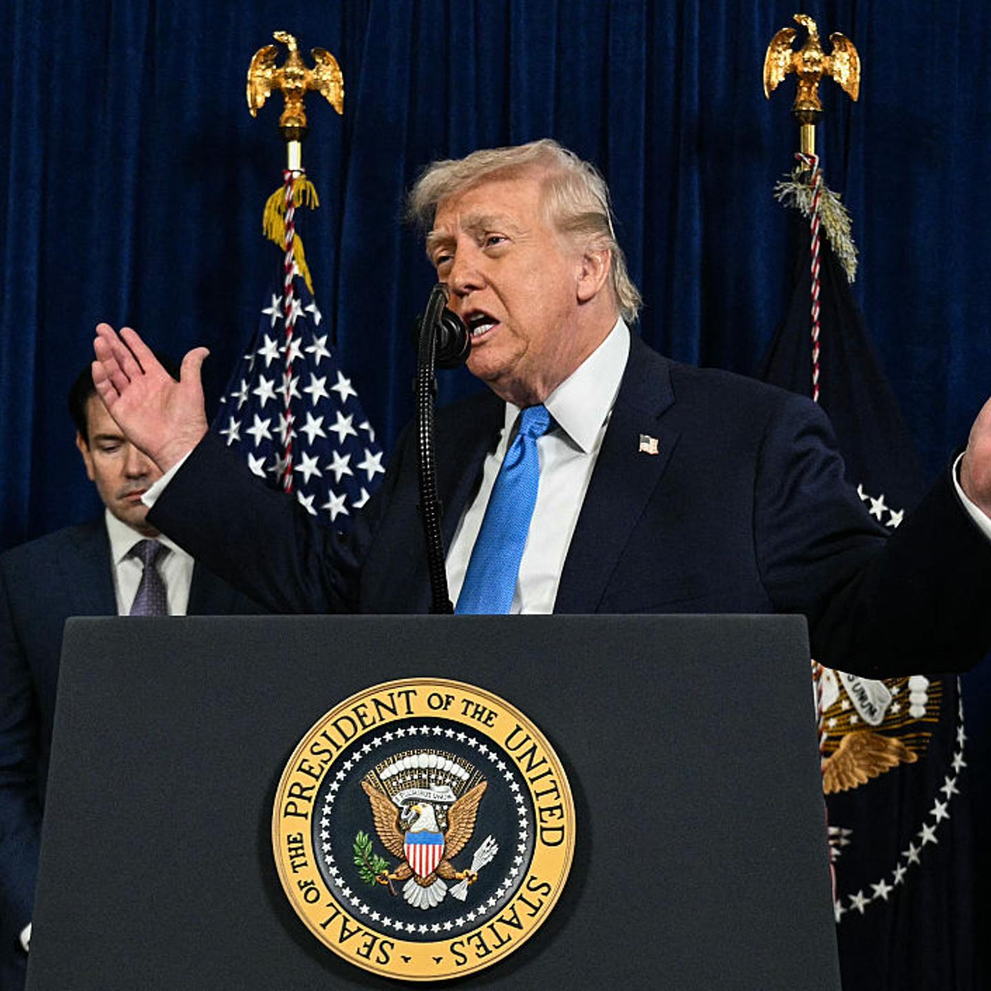 U.S. President Donald Trump speaks to the press following U.S. military actions in Venezuela, at his Mar-a-Lago residence in Palm Beach, Fla., on Jan. 3, 2026.