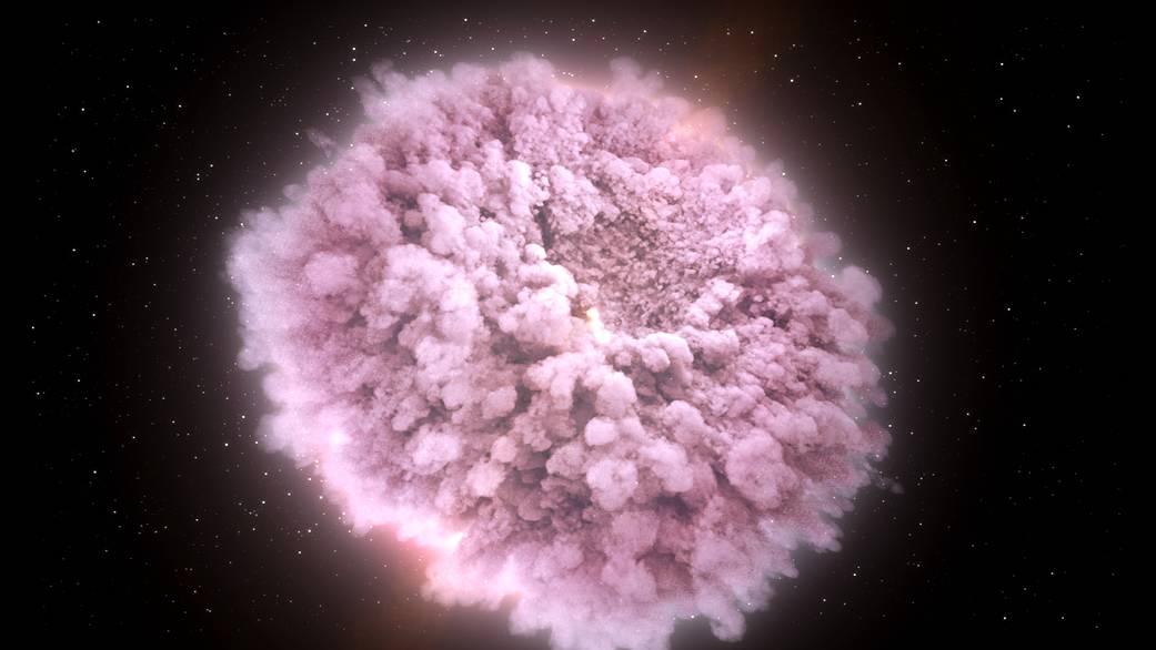 Kablooey: A NASA illustration of the hot, dense, expanding debris cloud produced by two colliding neutron stars