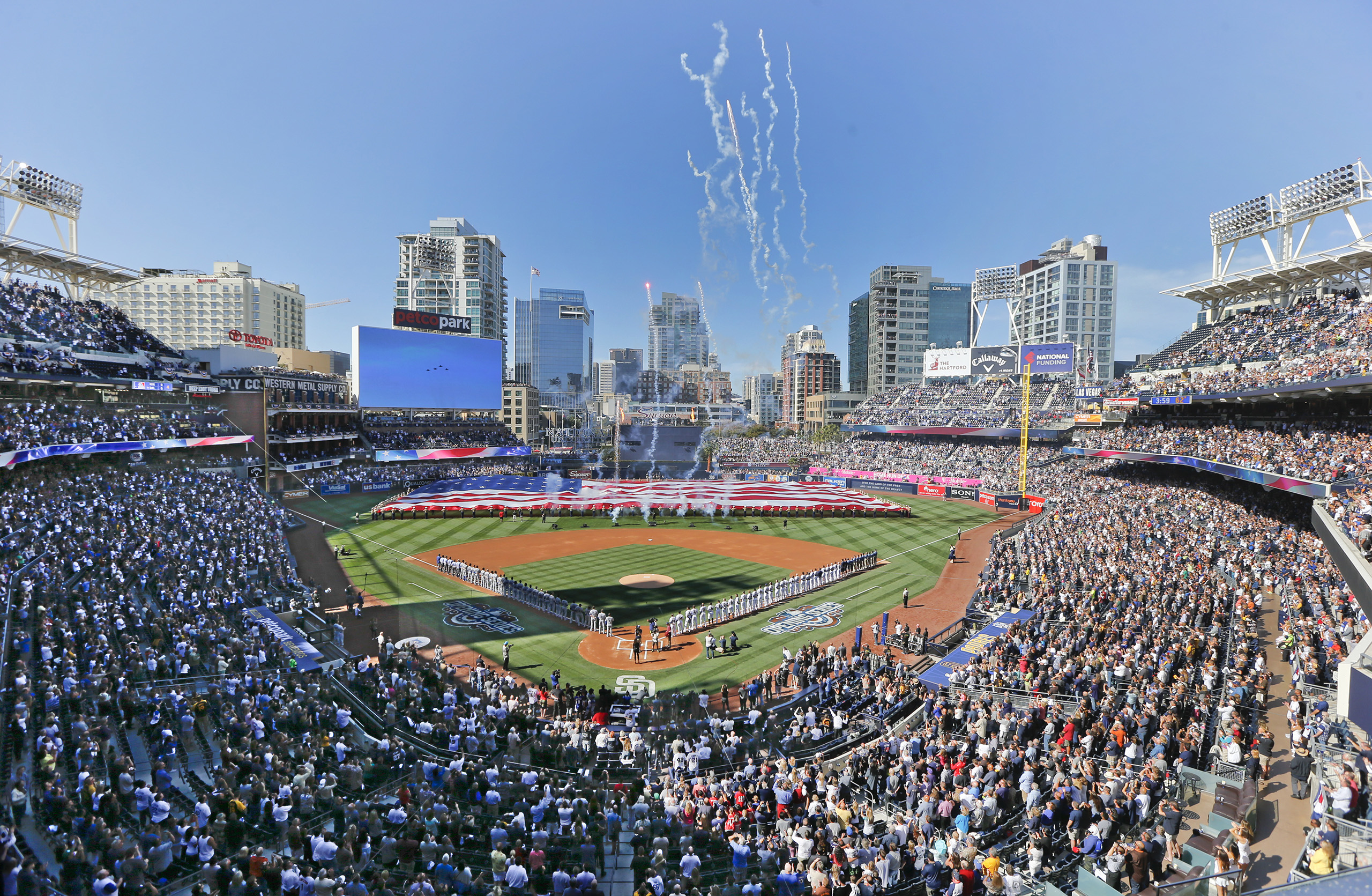 Opening day ceremonies are performed at Petco Park before a baseball game between the Los Angeles Dodgers and the San Diego Padres in San Diego, April 4, 2016.