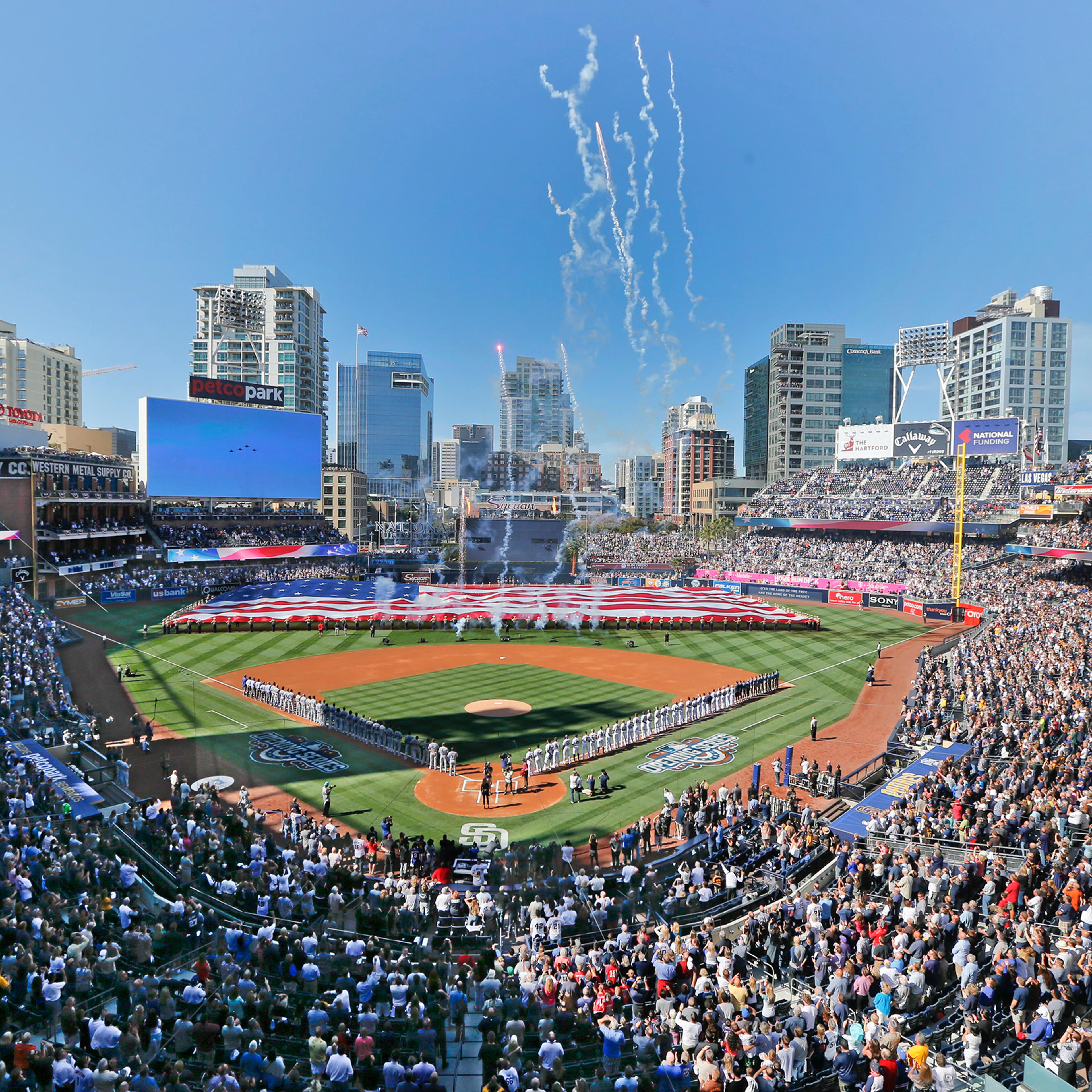 Opening day ceremonies are performed at Petco Park before a baseball game between the Los Angeles Dodgers and the San Diego Padres in San Diego, April 4, 2016.