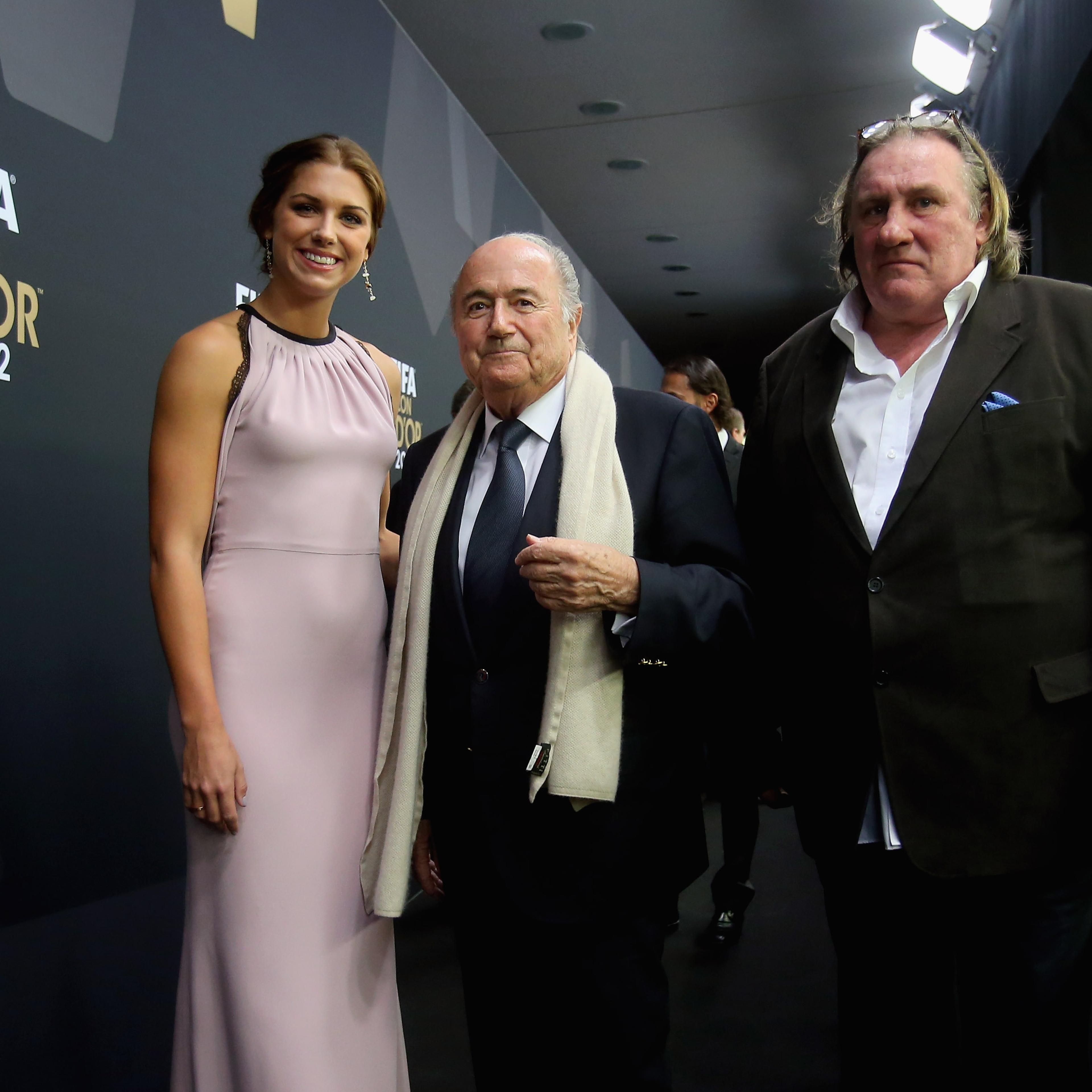 FIFA president Joseph S. Blatter, Alex Morgan and French actor Gerard Depardieu during the red carpet arrivals at the FIFA Ballon d'Or Gala 2012 at the Kongresshaus on Jan. 7, 2013 in Zurich.
