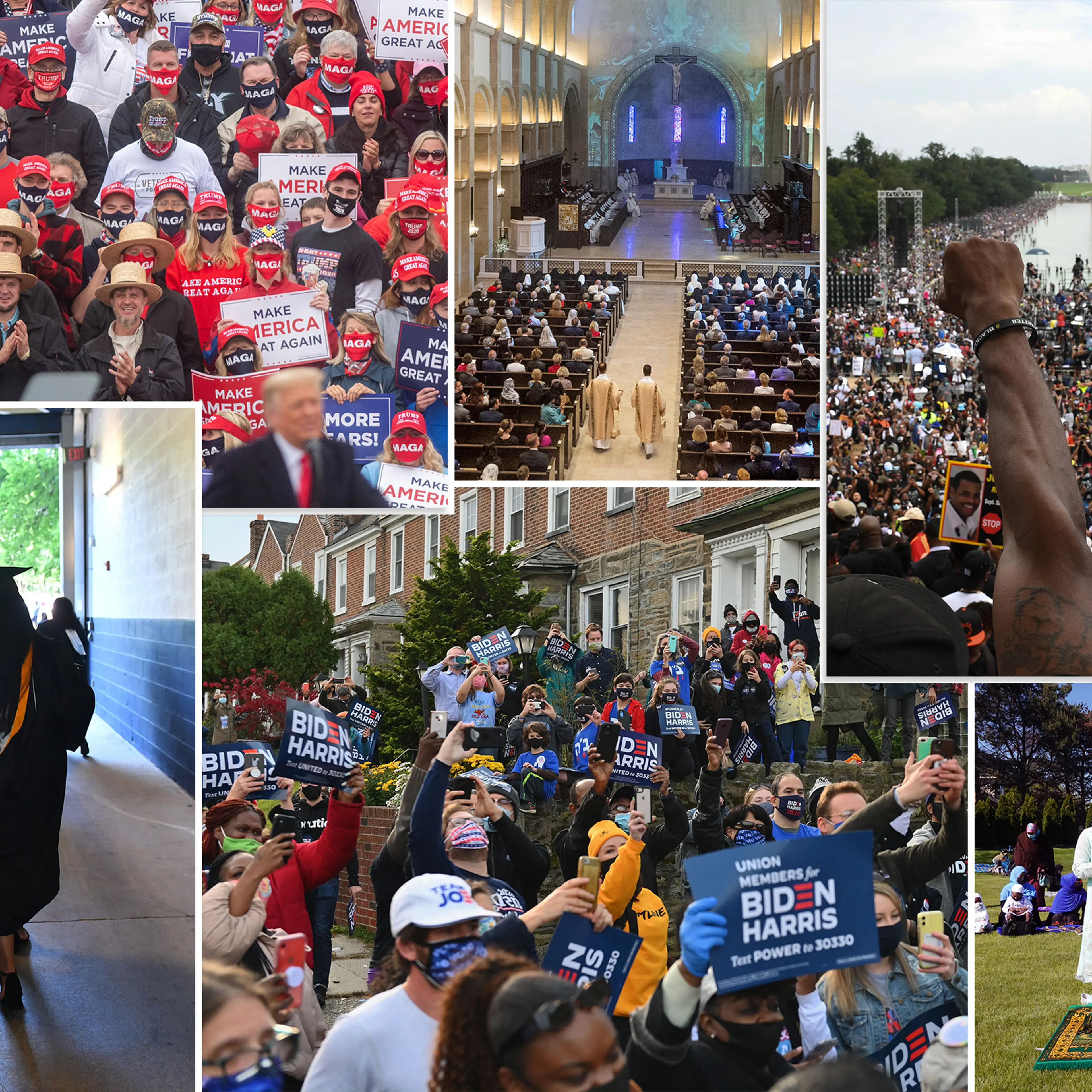 A collage of images showing people of different political parties, races and religions in the U.S.