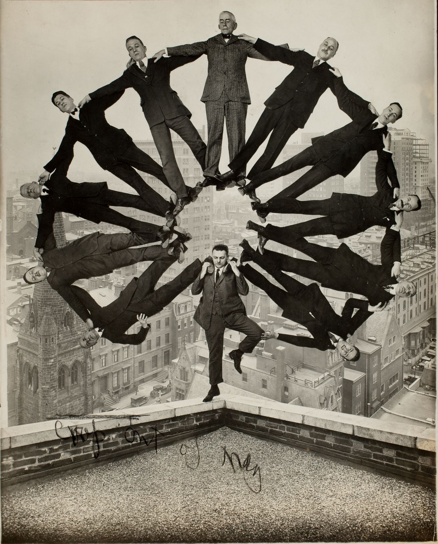 <b><i>Man on Rooftop with Eleven Men in Formation on His Shoulders </i></b>, ca. 1930</br>
Unidentified American artist