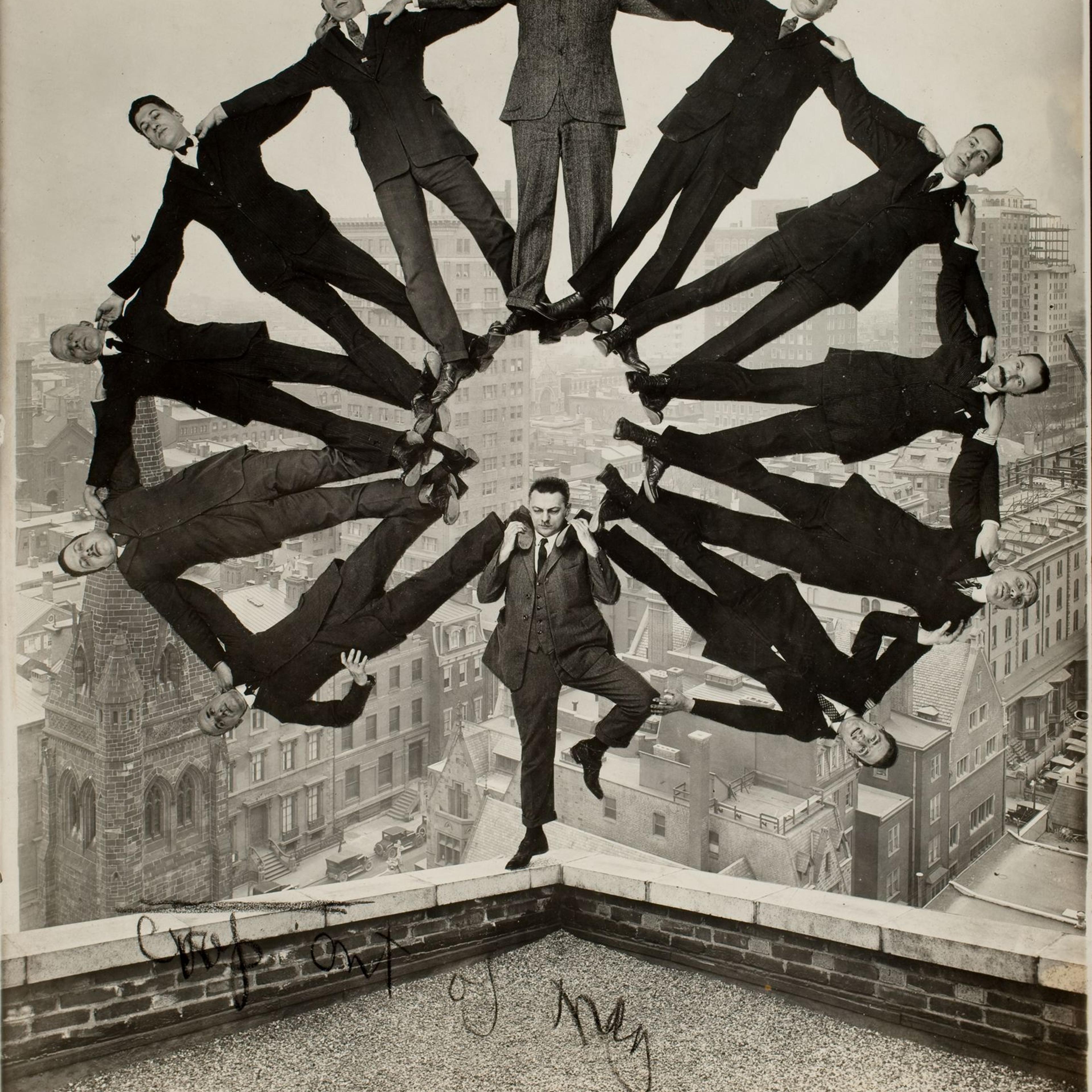 <b><i>Man on Rooftop with Eleven Men in Formation on His Shoulders </i></b>, ca. 1930</br>
Unidentified American artist