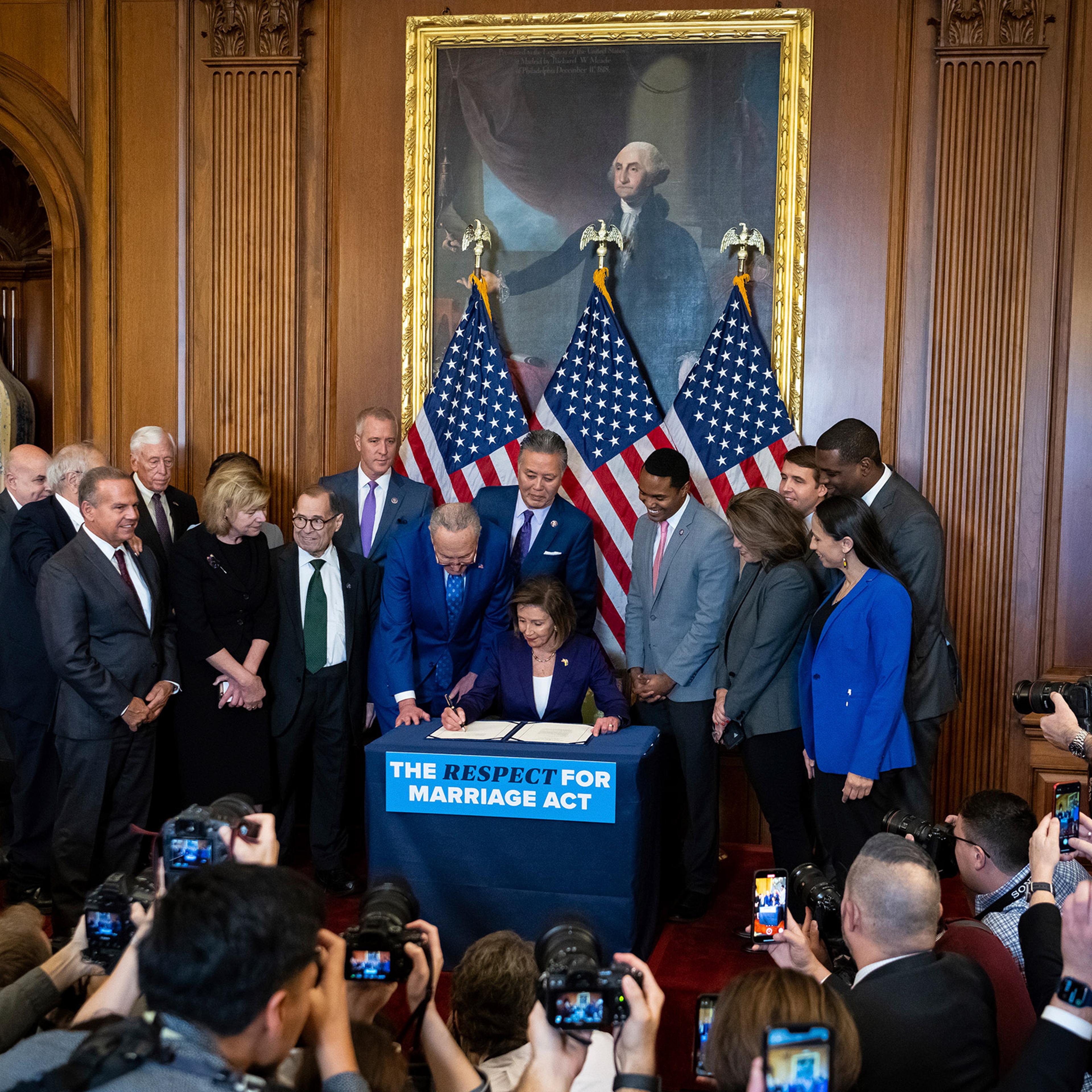 House Speaker Nancy Pelosi signs the Respect for Marriage Act at the U.S. Capitol in Washington, D.C., on Dec. 8, 2022.