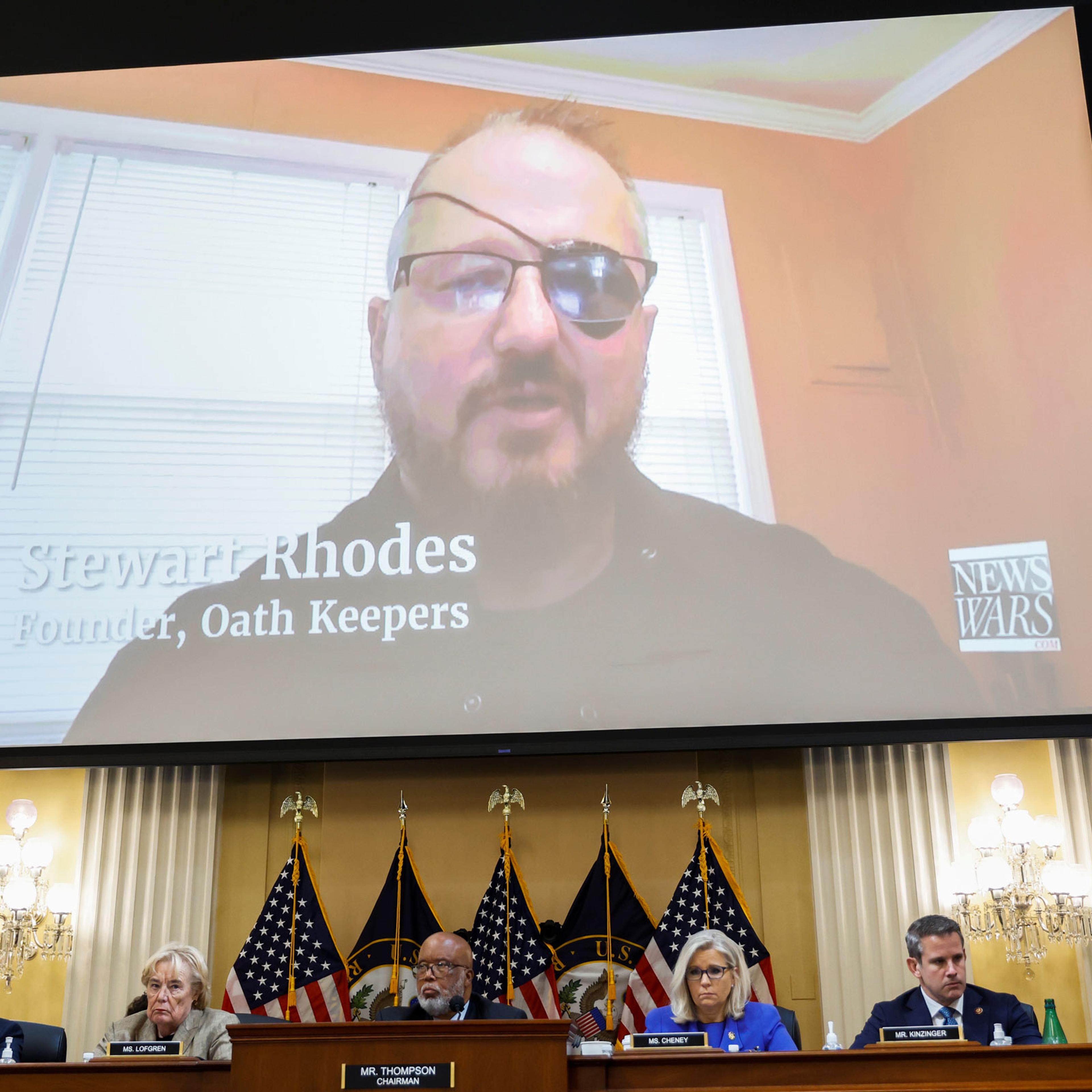Oath Keepers founder Stewart Rhodes is seen on video during the hearing of the U.S. House Select Committee to Investigate the January 6 Attack on the United States Capitol, on Capitol Hill in Washington, D.C., on June 9, 2022.