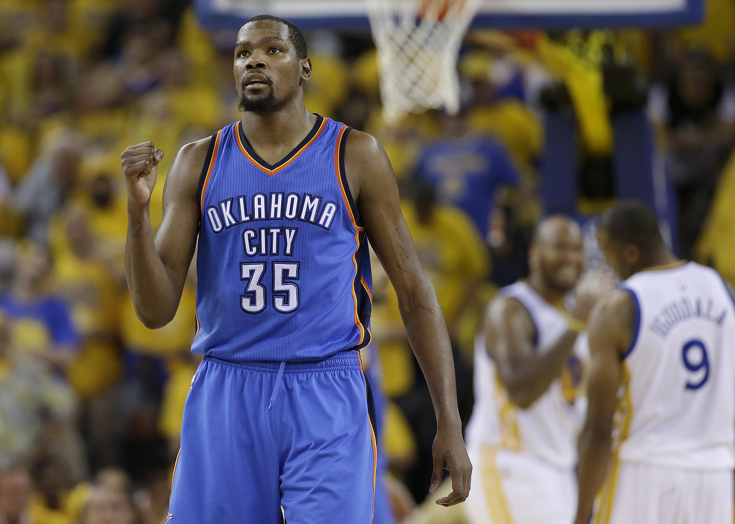 Oklahoma City Thunder forward Kevin Durant reacts during the second half of Game 7 of the NBA basketball Western Conference finals against the Golden State Warriors in Oakland, Calif., on May 30, 2016.