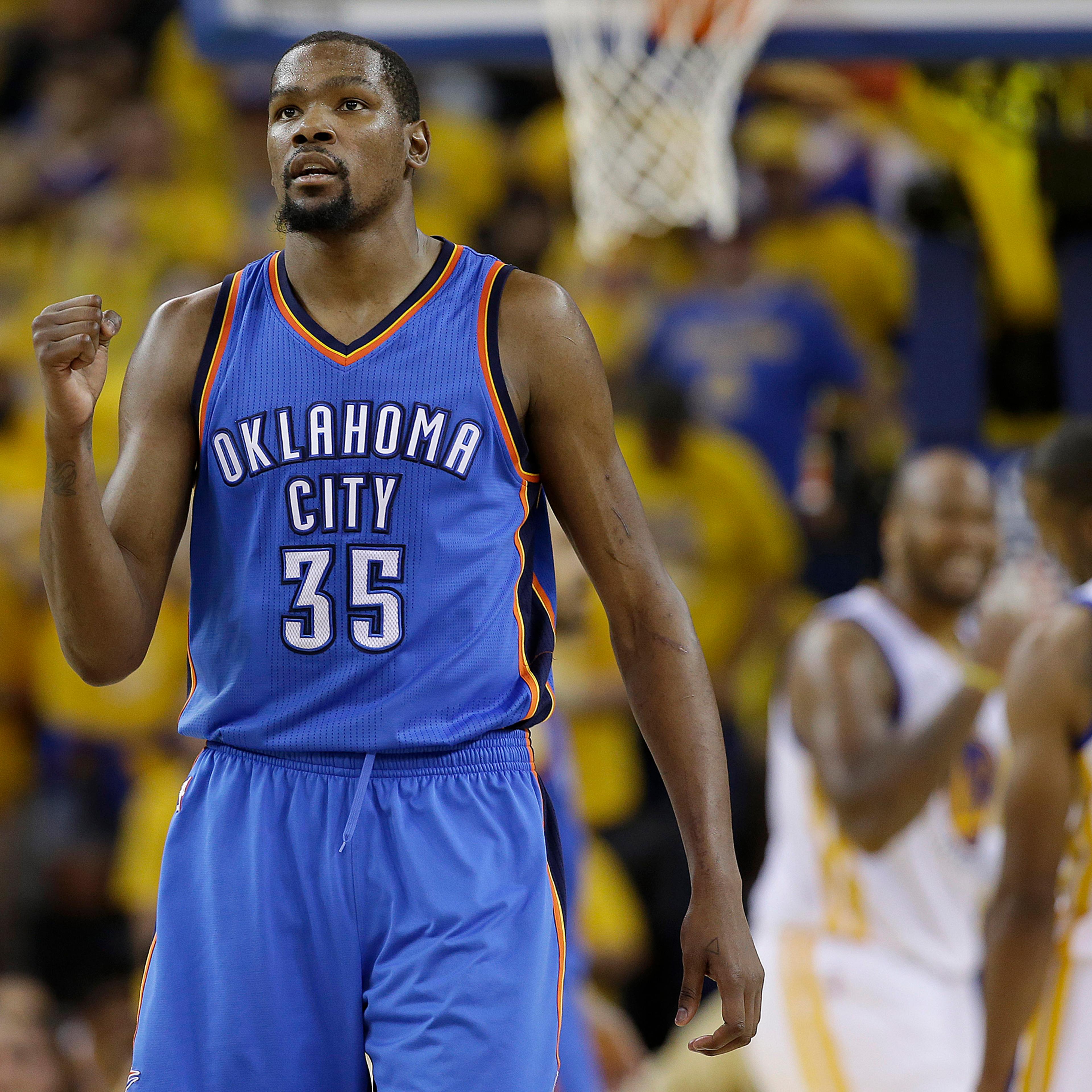Oklahoma City Thunder forward Kevin Durant reacts during the second half of Game 7 of the NBA basketball Western Conference finals against the Golden State Warriors in Oakland, Calif., on May 30, 2016.