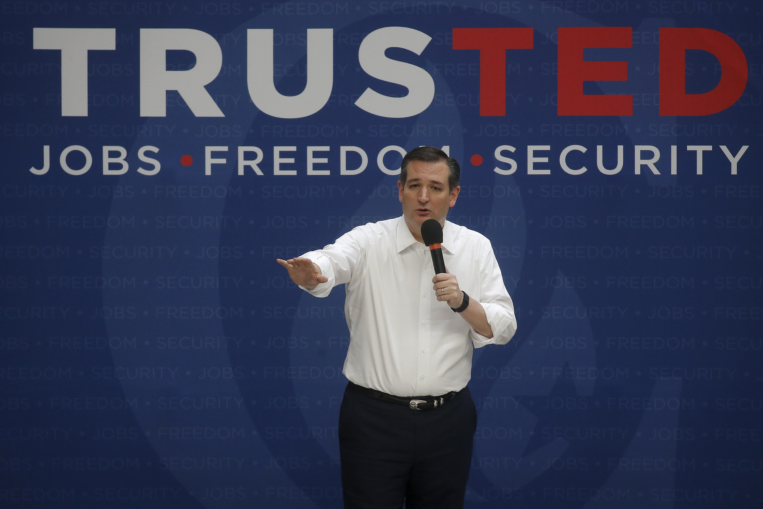 U.S. Republican presidential candidate Ted Cruz speaks at a car dealership during a campaign event in Syracuse, New York April 15, 2016. REUTERS/Carlo Allegri - RTX2A62Z