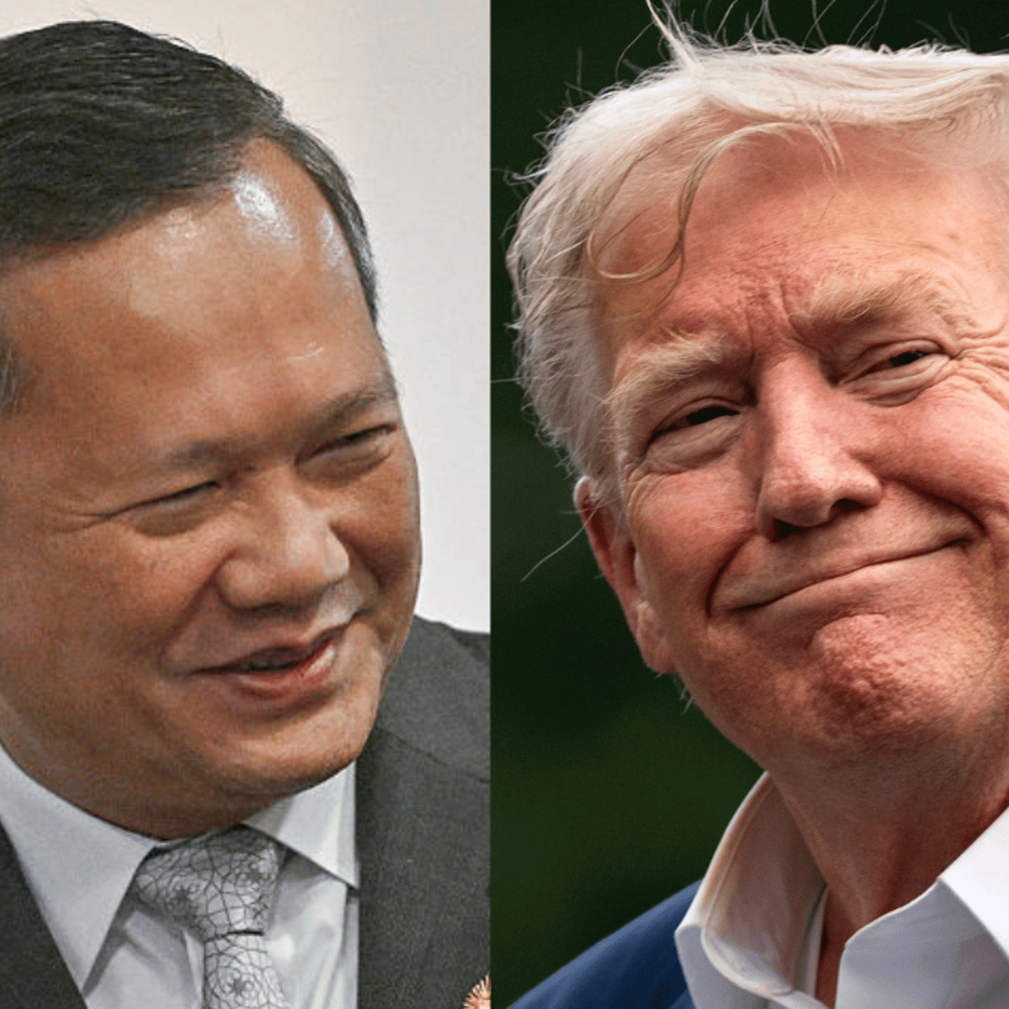 (L) Cambodia Prime Minister Hun Manet at the National Assembly building in Phnom Penh on July 11, 2025, (R) U.S. President Donald Trump at the White House in Washington, D.C. on July 29, 2025