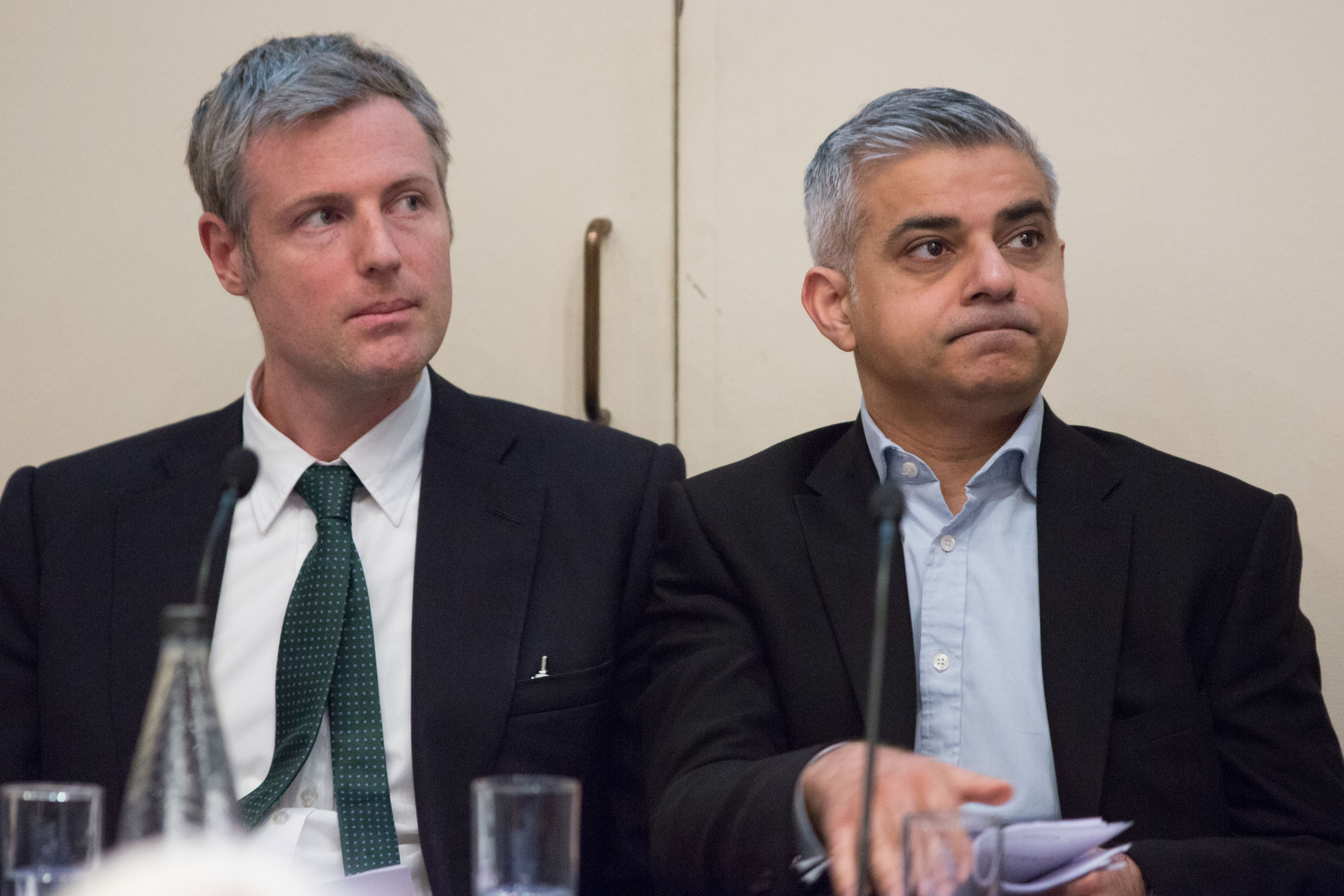 Zac Goldsmith, U.K. ruling Conservative Party candidate for the role of London Mayor, left and Sadiq Kahn, U.K. opposition Labour Party candidate for the role of London Mayor, attend the launch of the London Housing Commission Report at the Geological So
