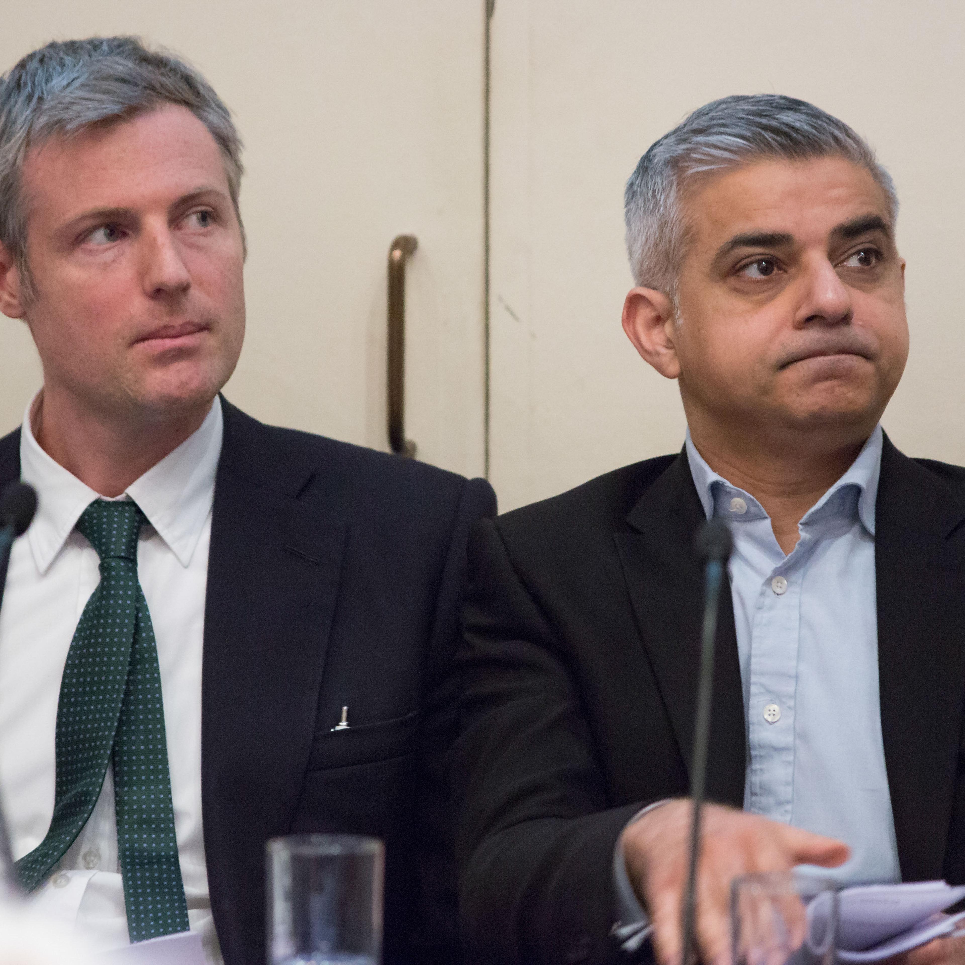 Zac Goldsmith, U.K. ruling Conservative Party candidate for the role of London Mayor, left and Sadiq Kahn, U.K. opposition Labour Party candidate for the role of London Mayor, attend the launch of the London Housing Commission Report at the Geological So