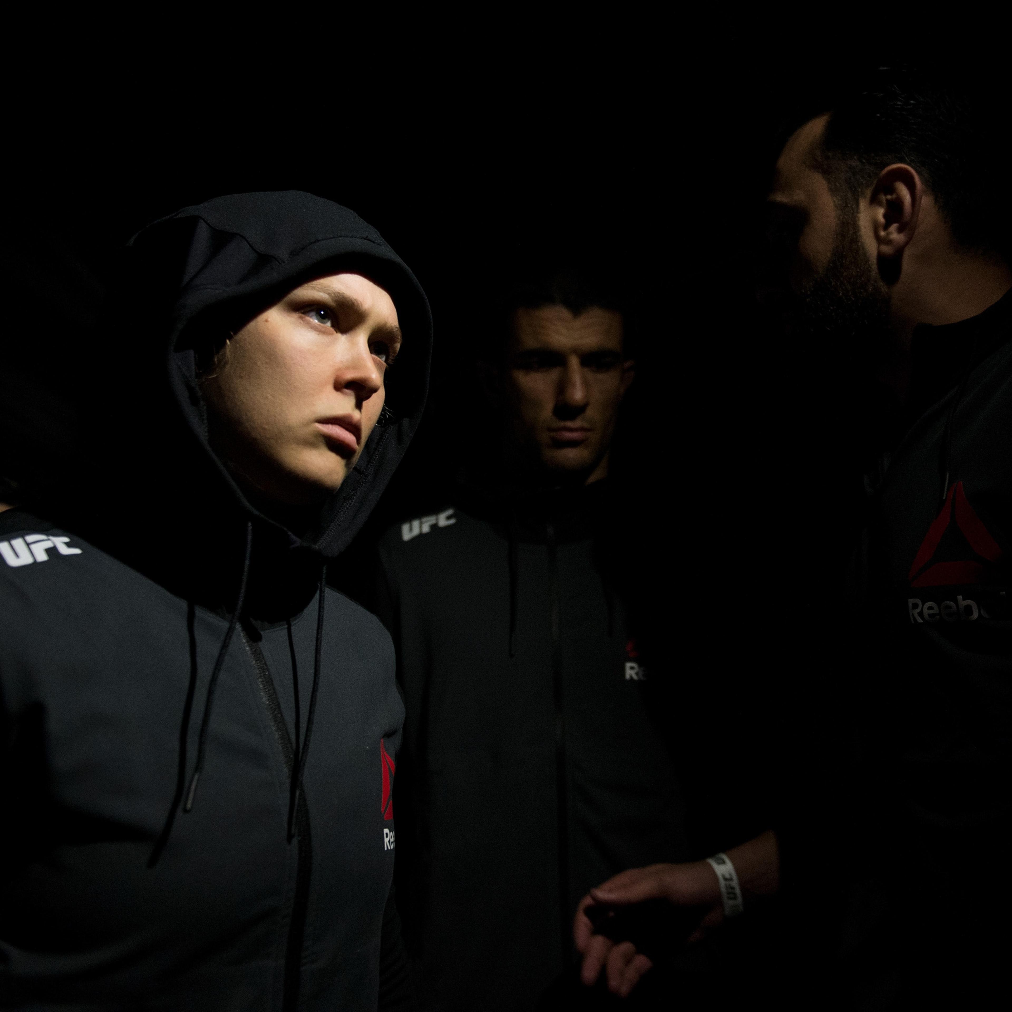 Ronda Rousey prepares to enter the Octagon before facing Holly Holm in their UFC women's bantamweight championship bout during the UFC 193 event at Etihad Stadium in Melbourne, Australia, on Nov. 15, 2015