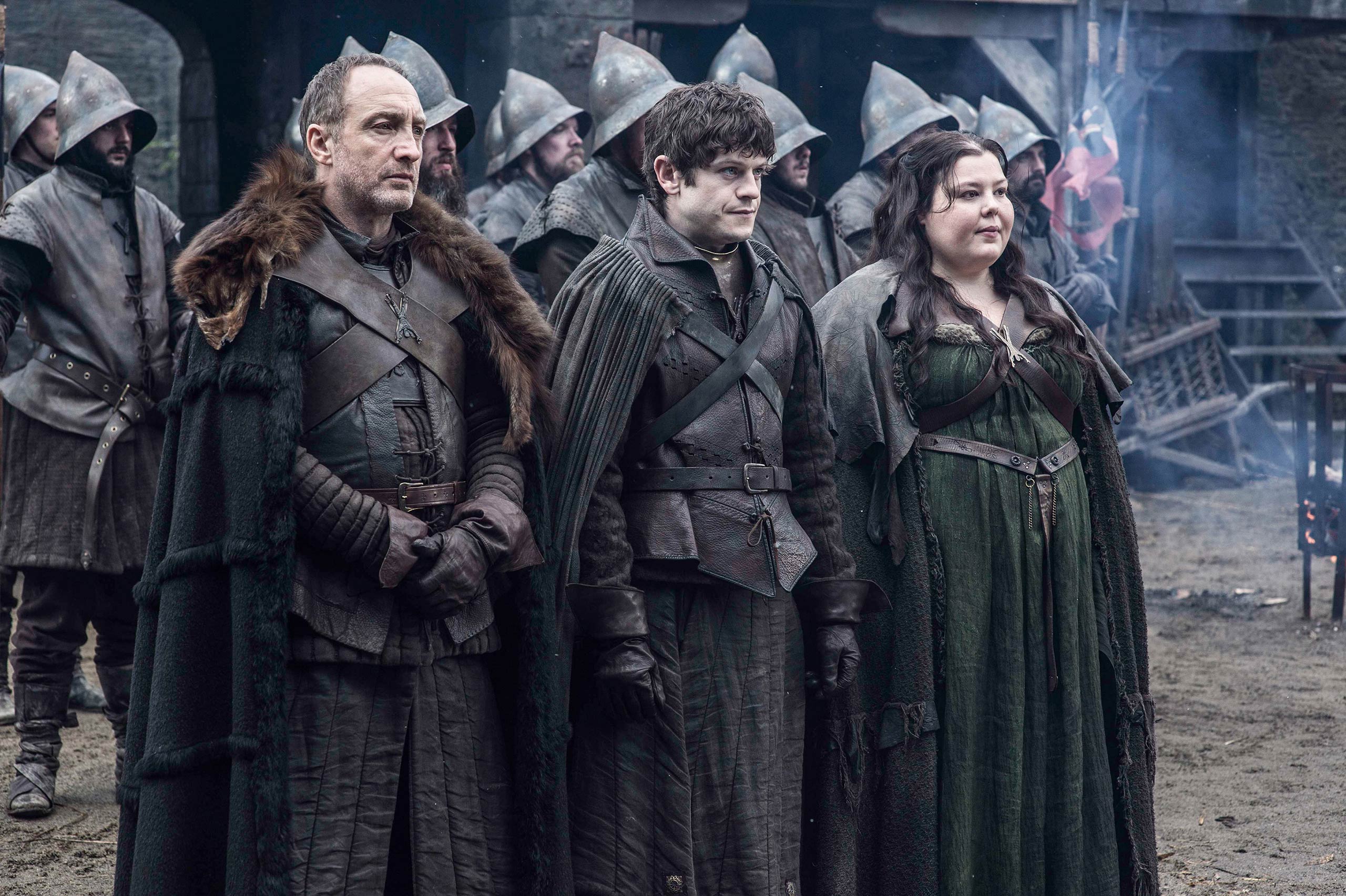 Michael McElhatton as Roose Bolton, Iwan Rheon as Ramsay Bolton and Elizabeth Webster as Walda Frey.