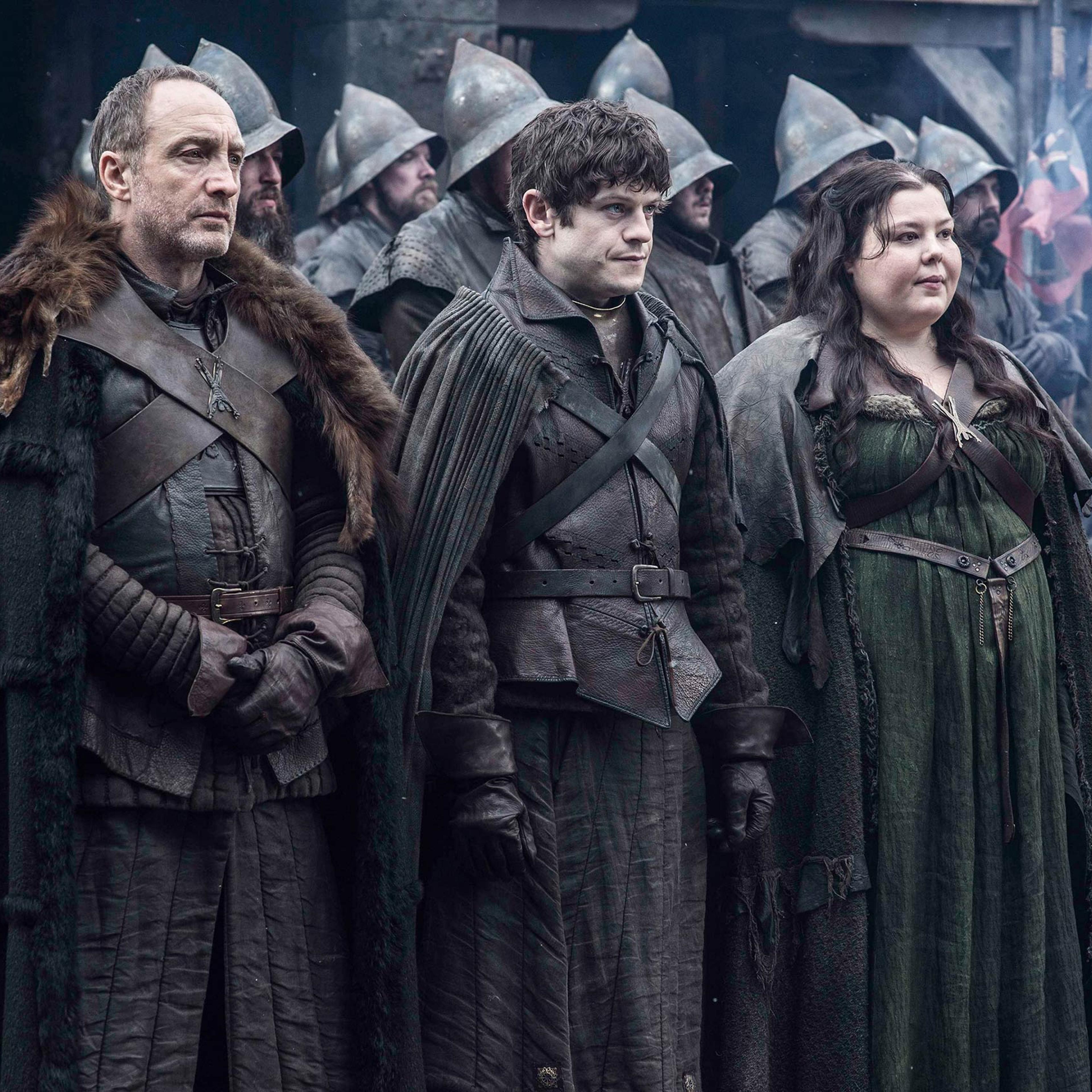 Michael McElhatton as Roose Bolton, Iwan Rheon as Ramsay Bolton and Elizabeth Webster as Walda Frey.