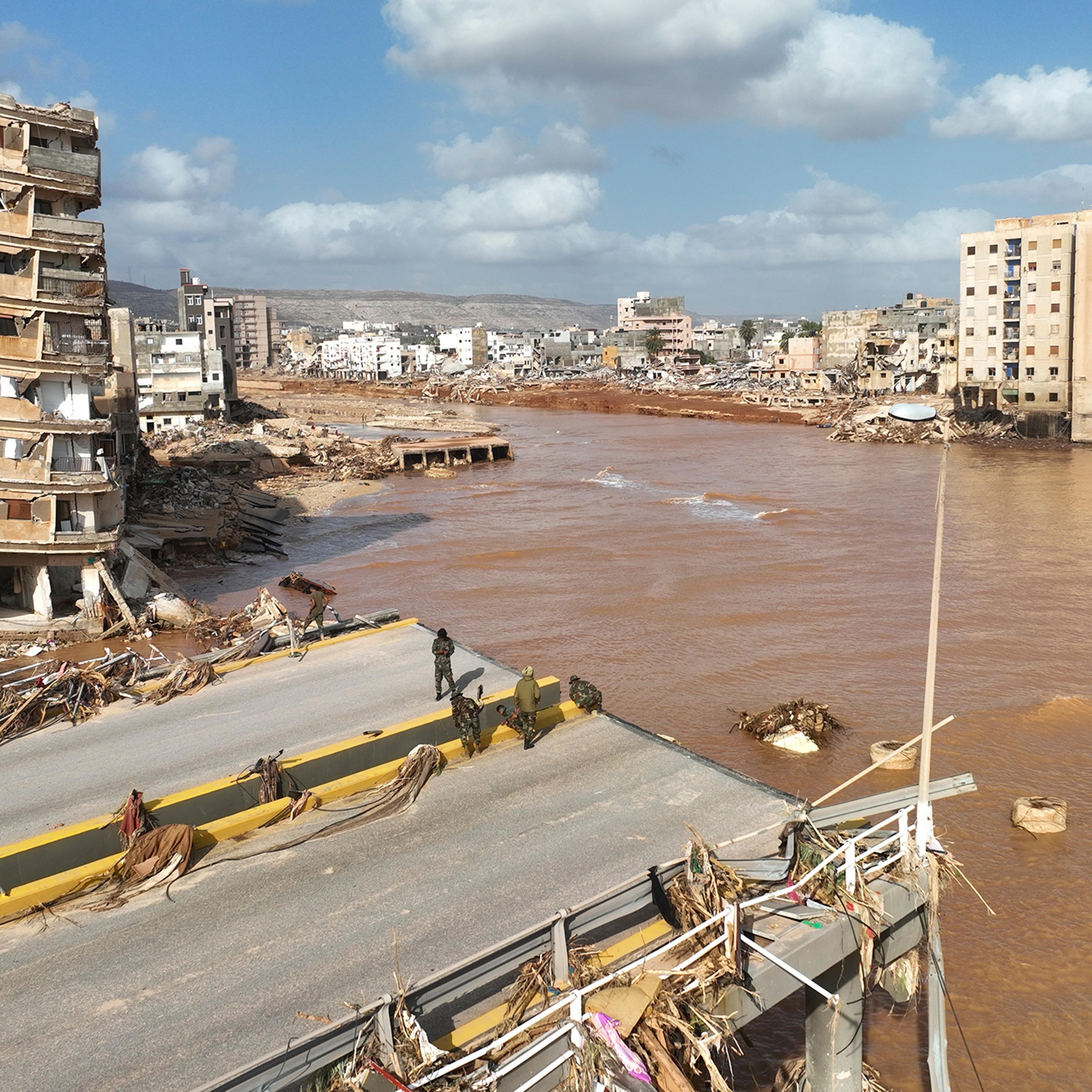 Floodwaters from Mediterranean storm Daniel are visible in Derna, Libya, on Sept. 12.