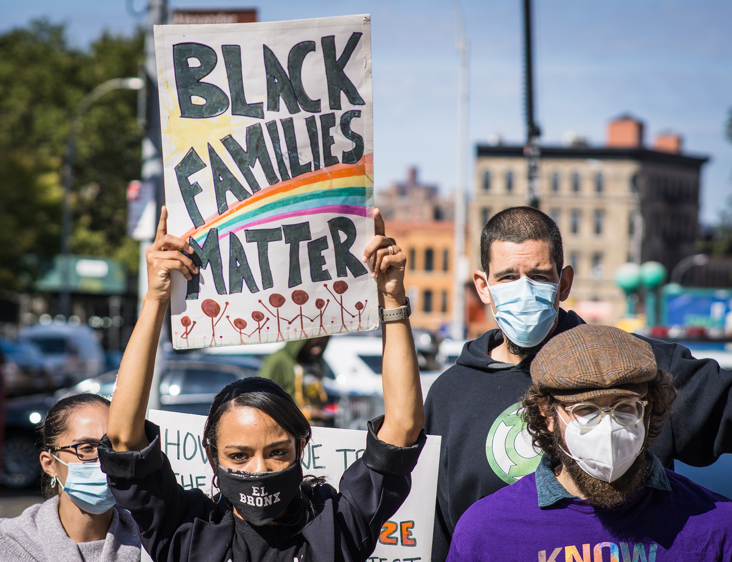 Residents and members of Mott Haven Families protest outside the precinct in the Bronx, New York, on Oct. 4, 2020.