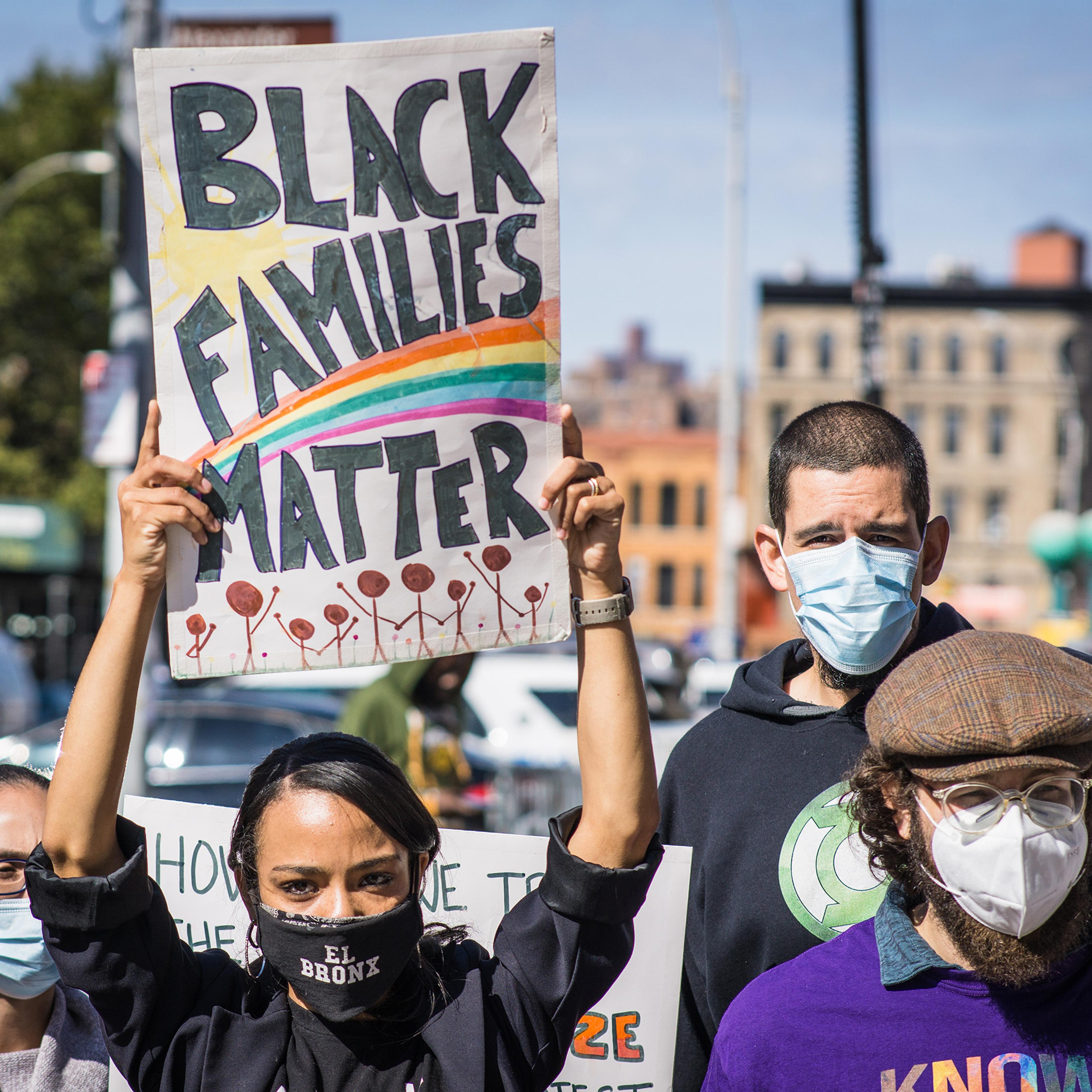 Residents and members of Mott Haven Families protest outside the precinct in the Bronx, New York, on Oct. 4, 2020.