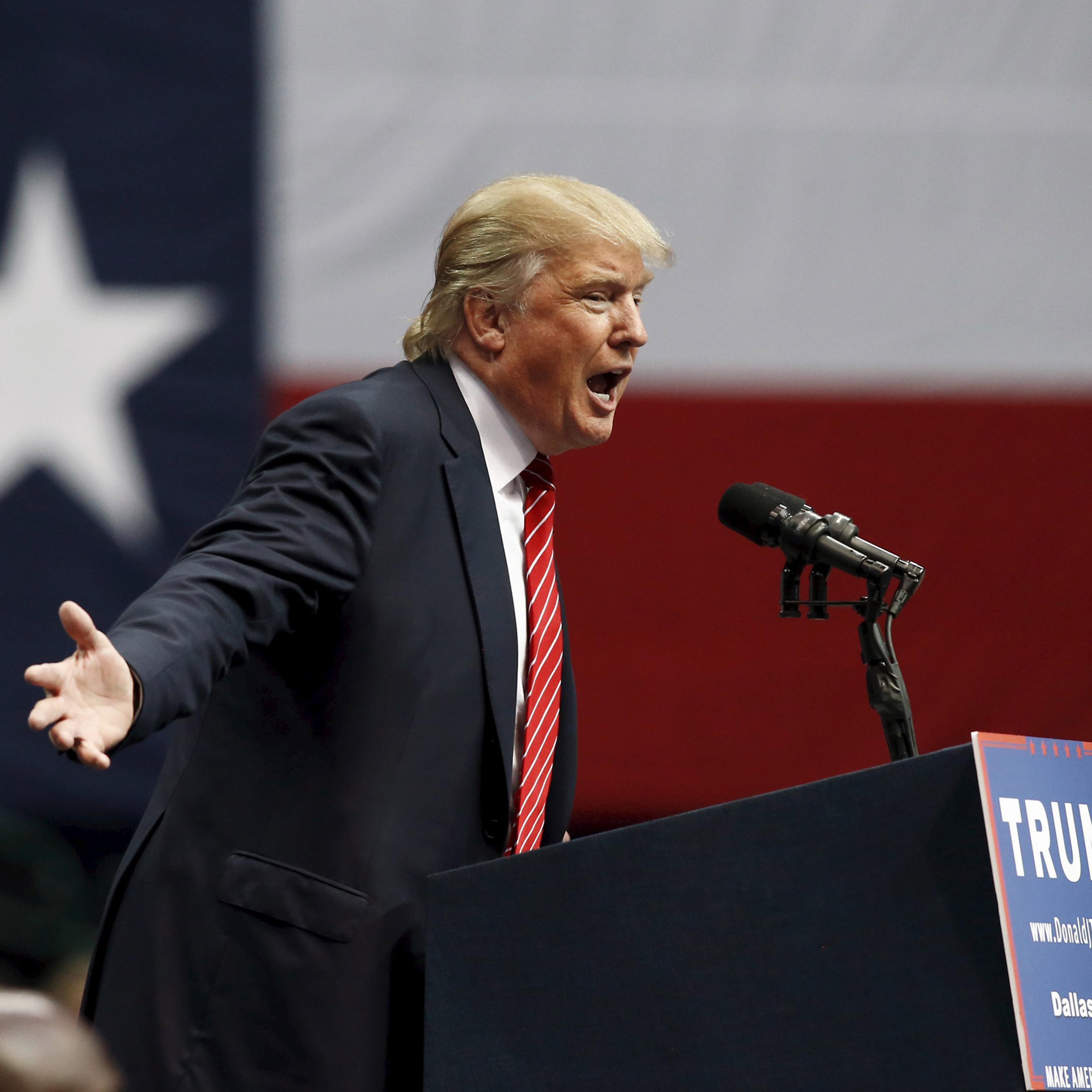 Republican presidential candidate Donald Trump speaks at a rally in Dallas, Texas