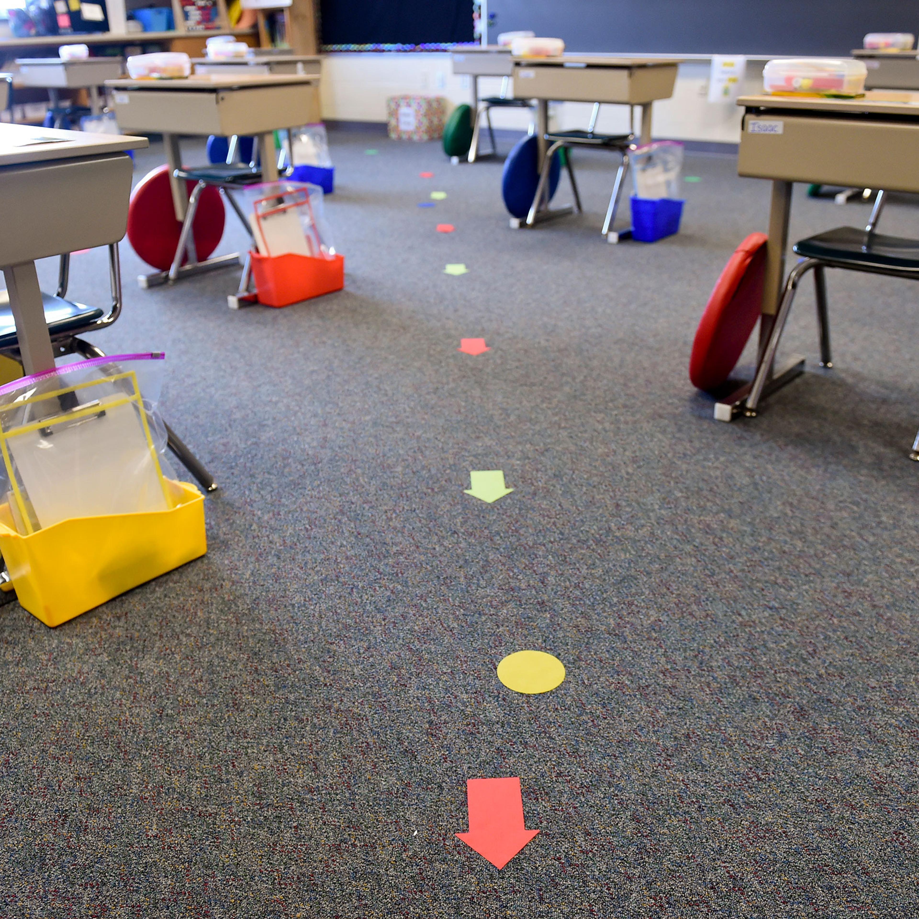 Desks are spread out for social distancing at a Shiloh Hills Elementary School classroom in Spring Township, Pa., on Aug. 21, 2020.