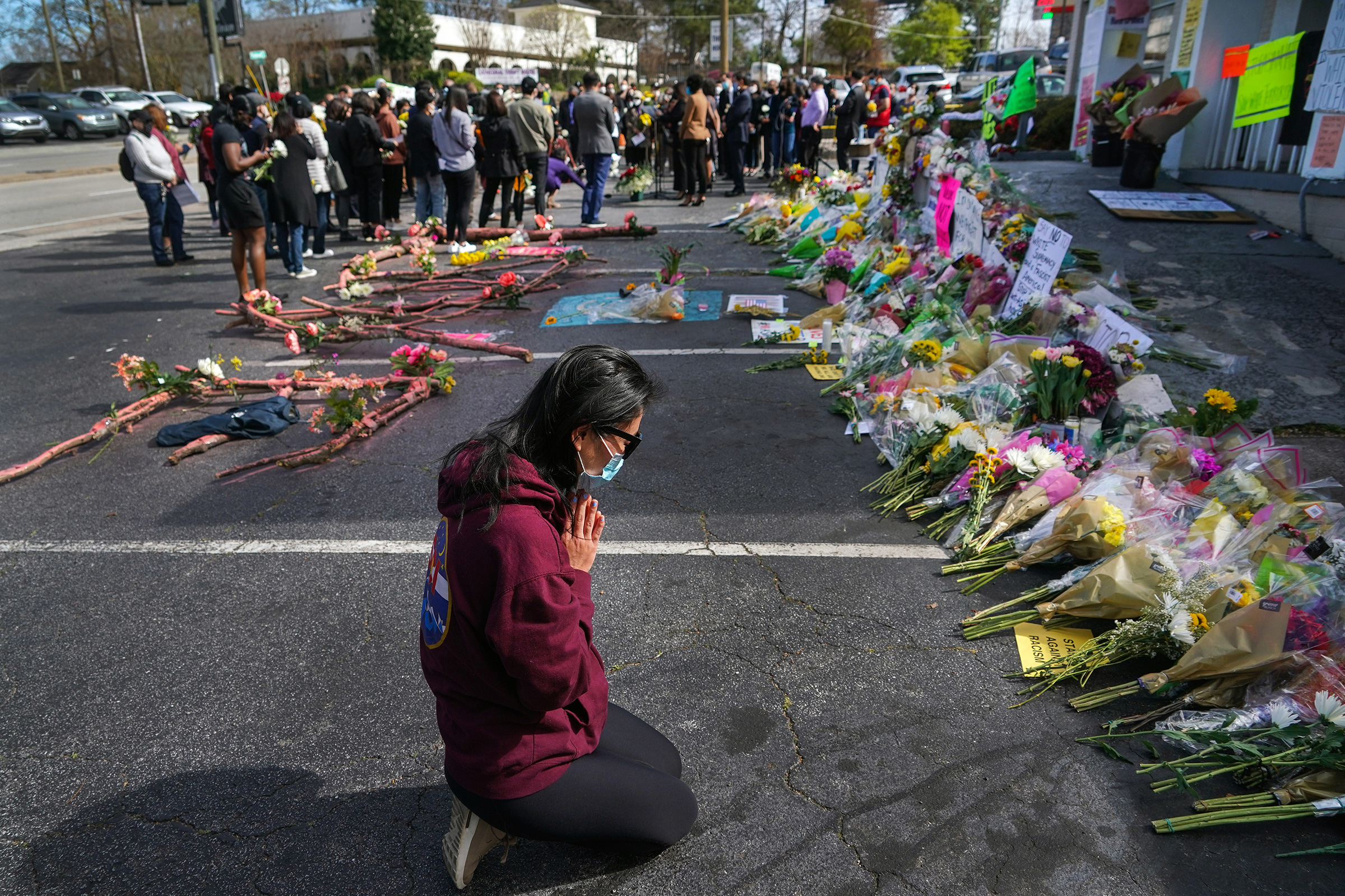 A makeshift memorial for the eight people who were killed during attacks on three Atlanta-area spas.