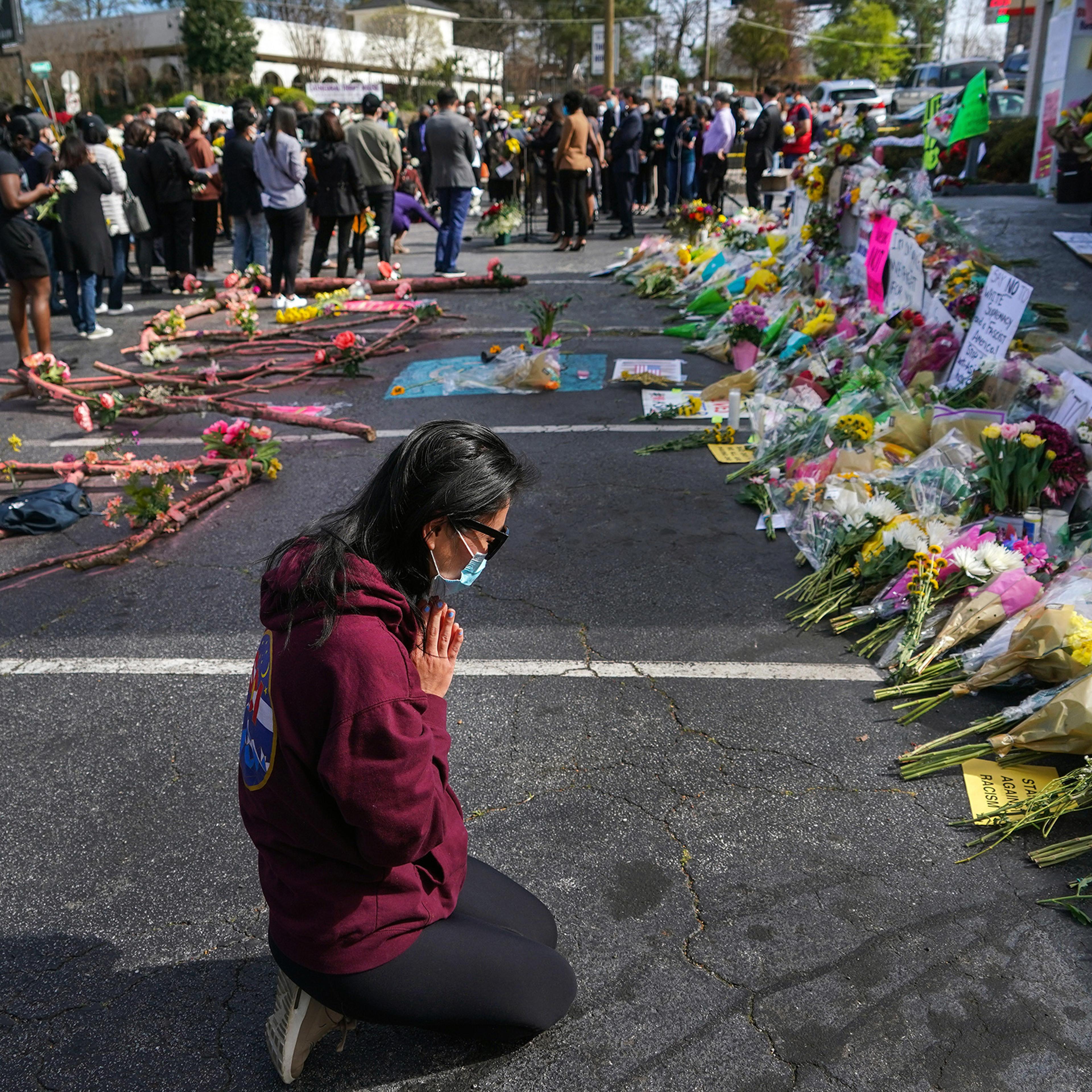 A makeshift memorial for the eight people who were killed during attacks on three Atlanta-area spas.