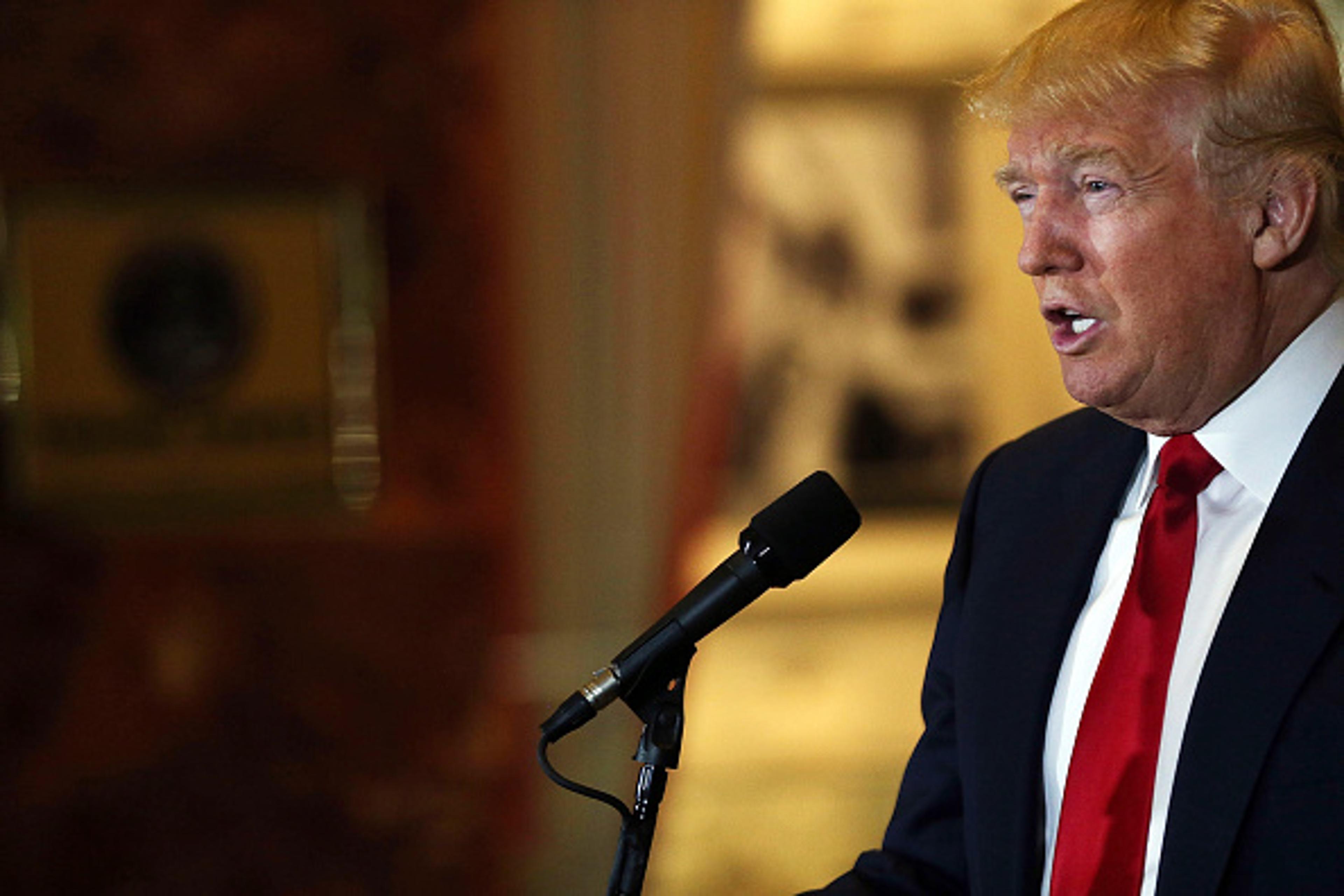 Republican presidential candidate Donald Trump speaks at a news conference at Trump Tower where he addressed issues about the money he pledged to donate to veterans groups following a skipped a debate in January before the Iowa caucuses on May 31, 2016 i