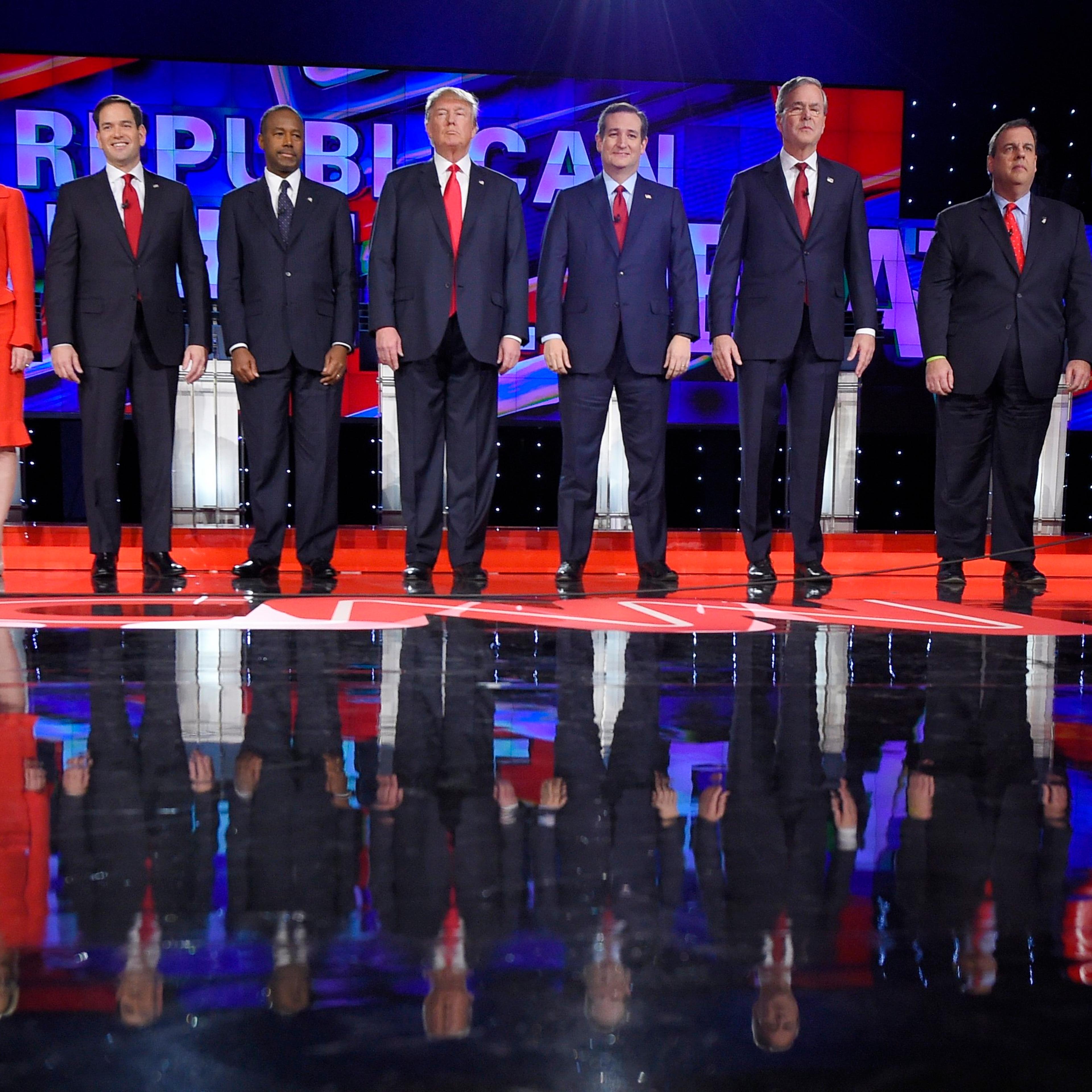 Republican presidential candidates, from left, John Kasich, Carly Fiorina, Marco Rubio, Ben Carson, Donald Trump, Ted Cruz, Jeb Bush, Chris Christie and Rand Paul take the stage during the Republican presidential debate at the Venetian Hotel & Casino on