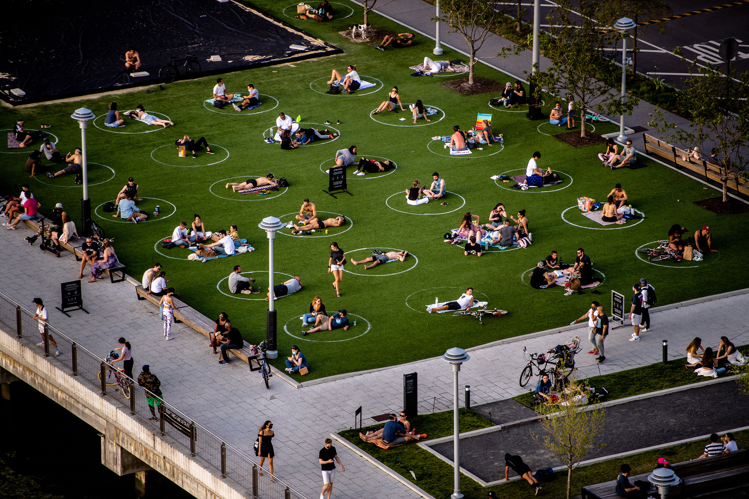 People sit in marked circles to promote social distancing in Brooklyn