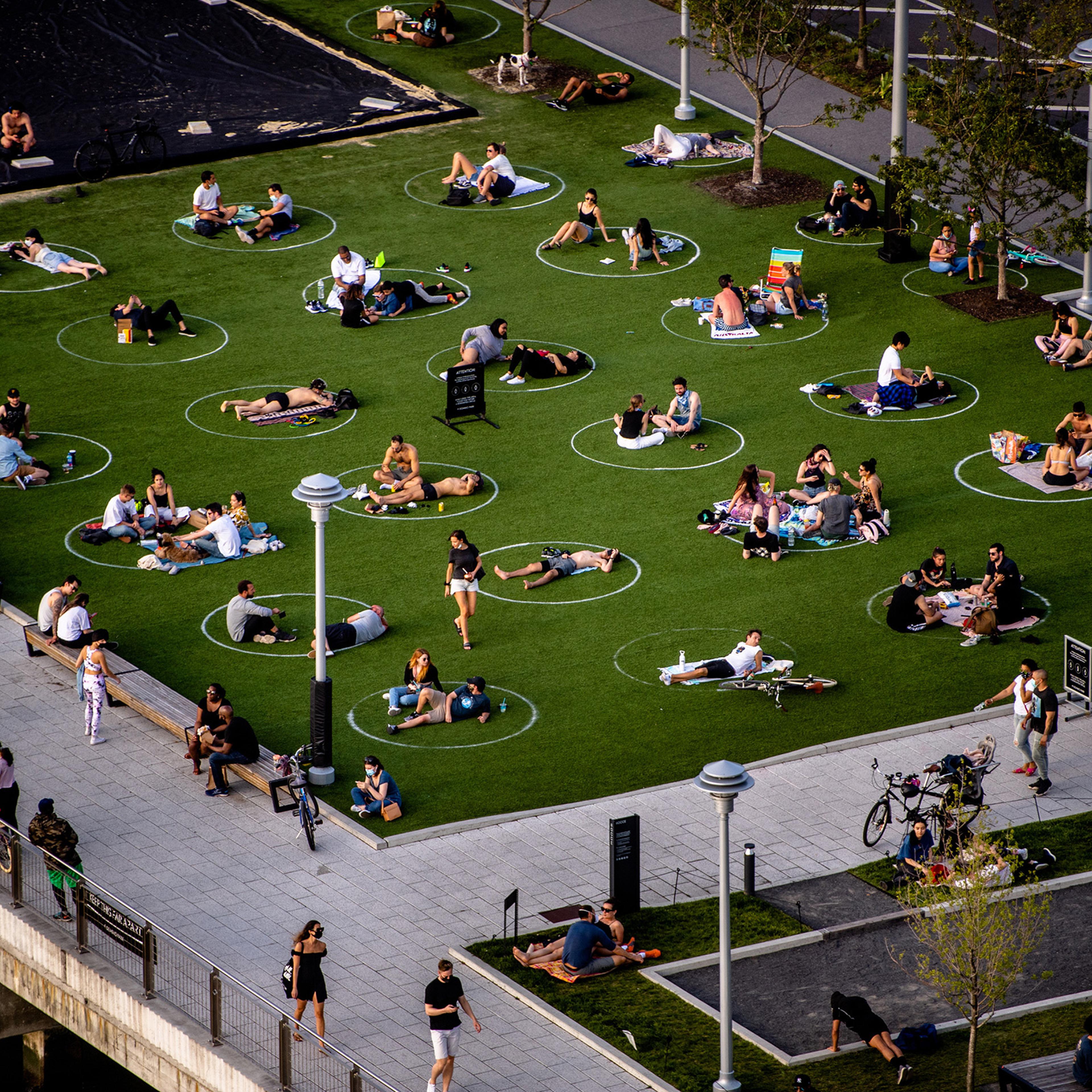 People sit in marked circles to promote social distancing in Brooklyn
