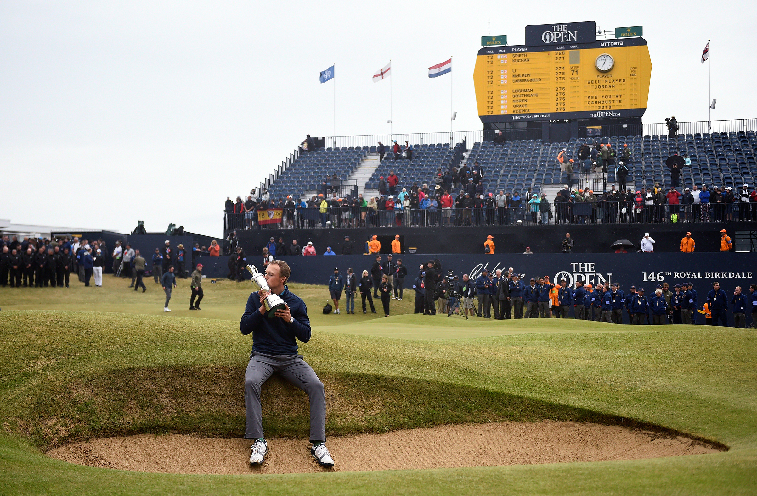 Jordan Spieth celebrates with The Claret Jug after winning The 146th Open Championship in Southport, Britain, on July 23, 2017.
