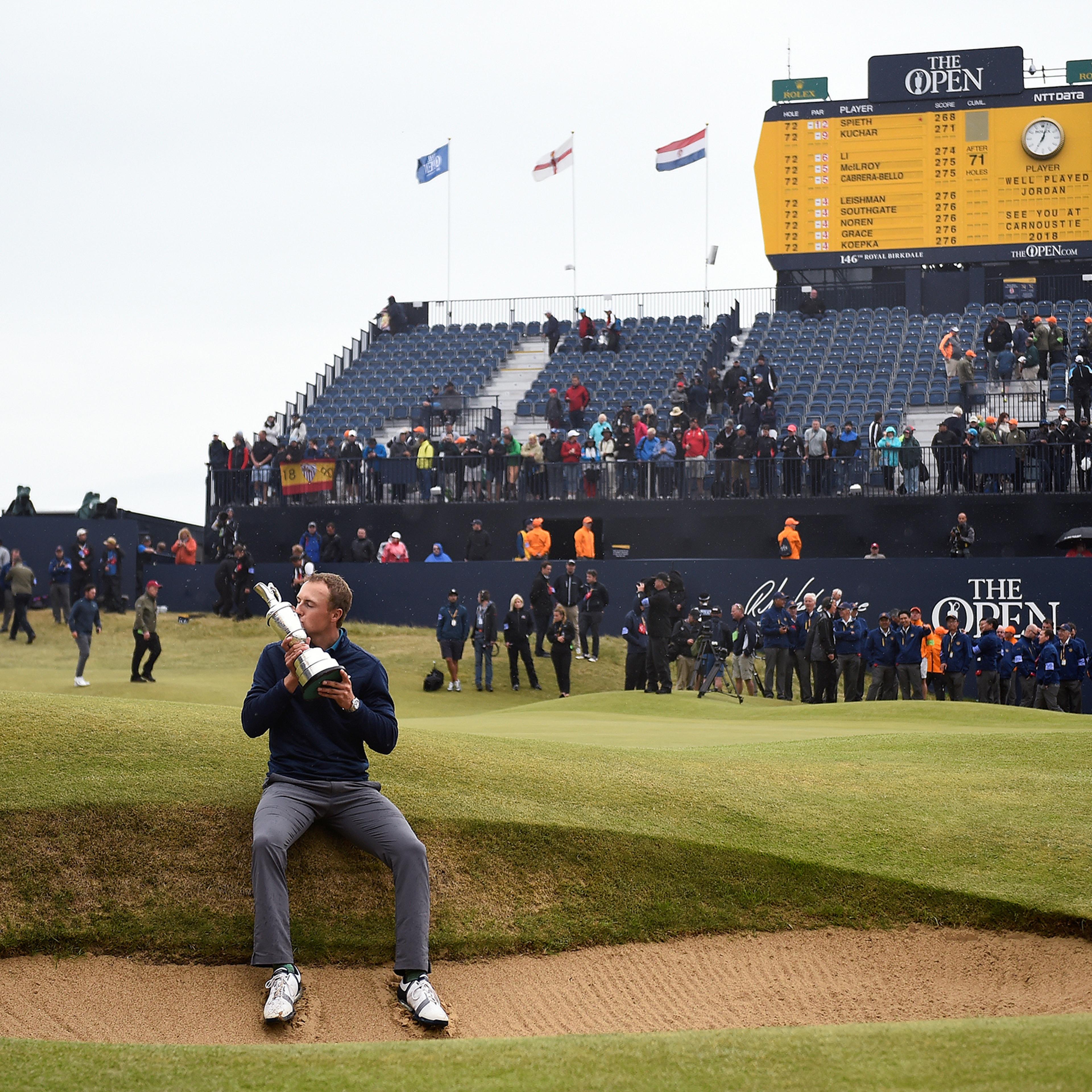 Jordan Spieth celebrates with The Claret Jug after winning The 146th Open Championship in Southport, Britain, on July 23, 2017.