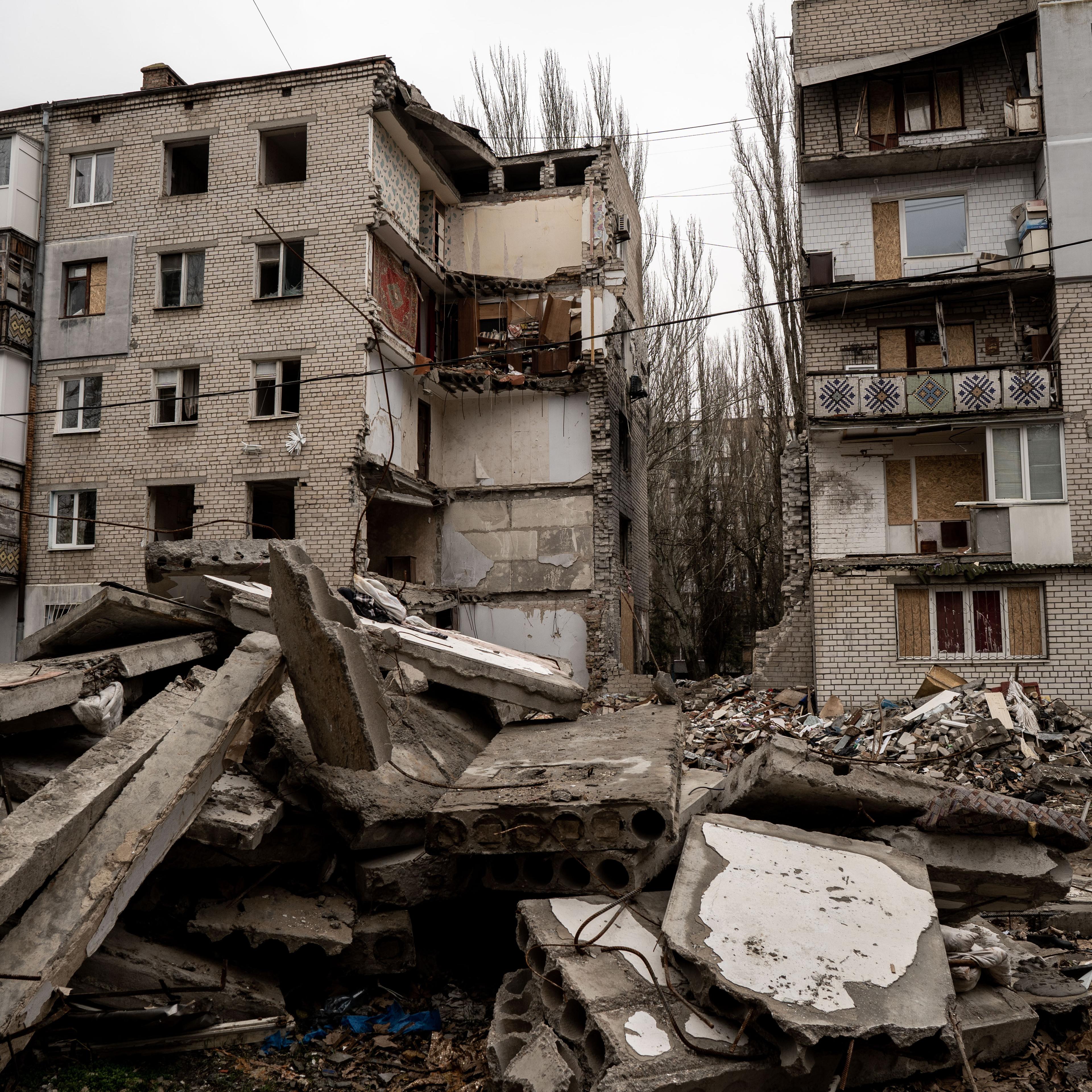 A Russian missile attack damages buildings
