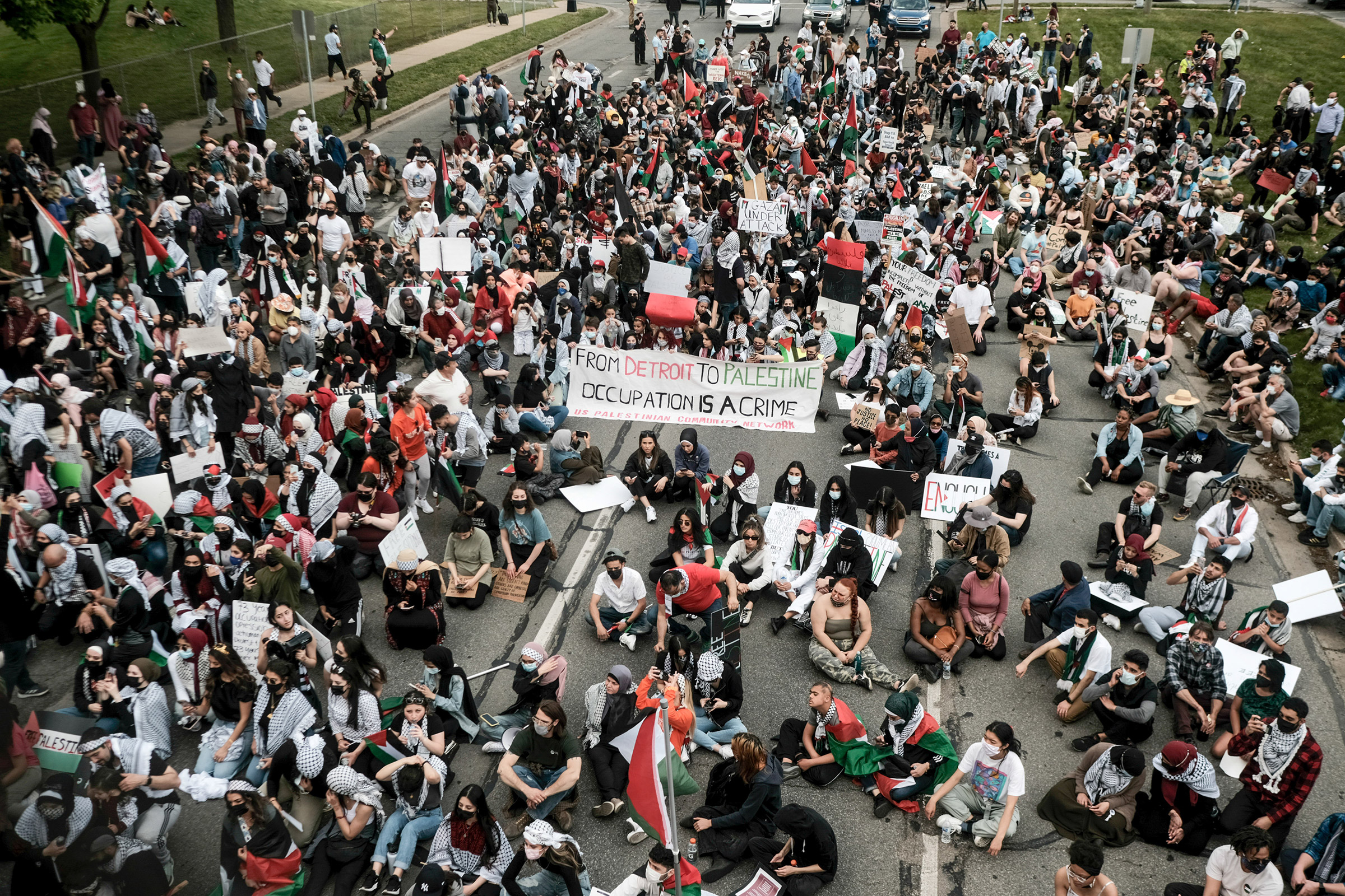 Protesters listen to speeches during a Free Palestine rally in Dearborn, Mich., on May 15, 2021.