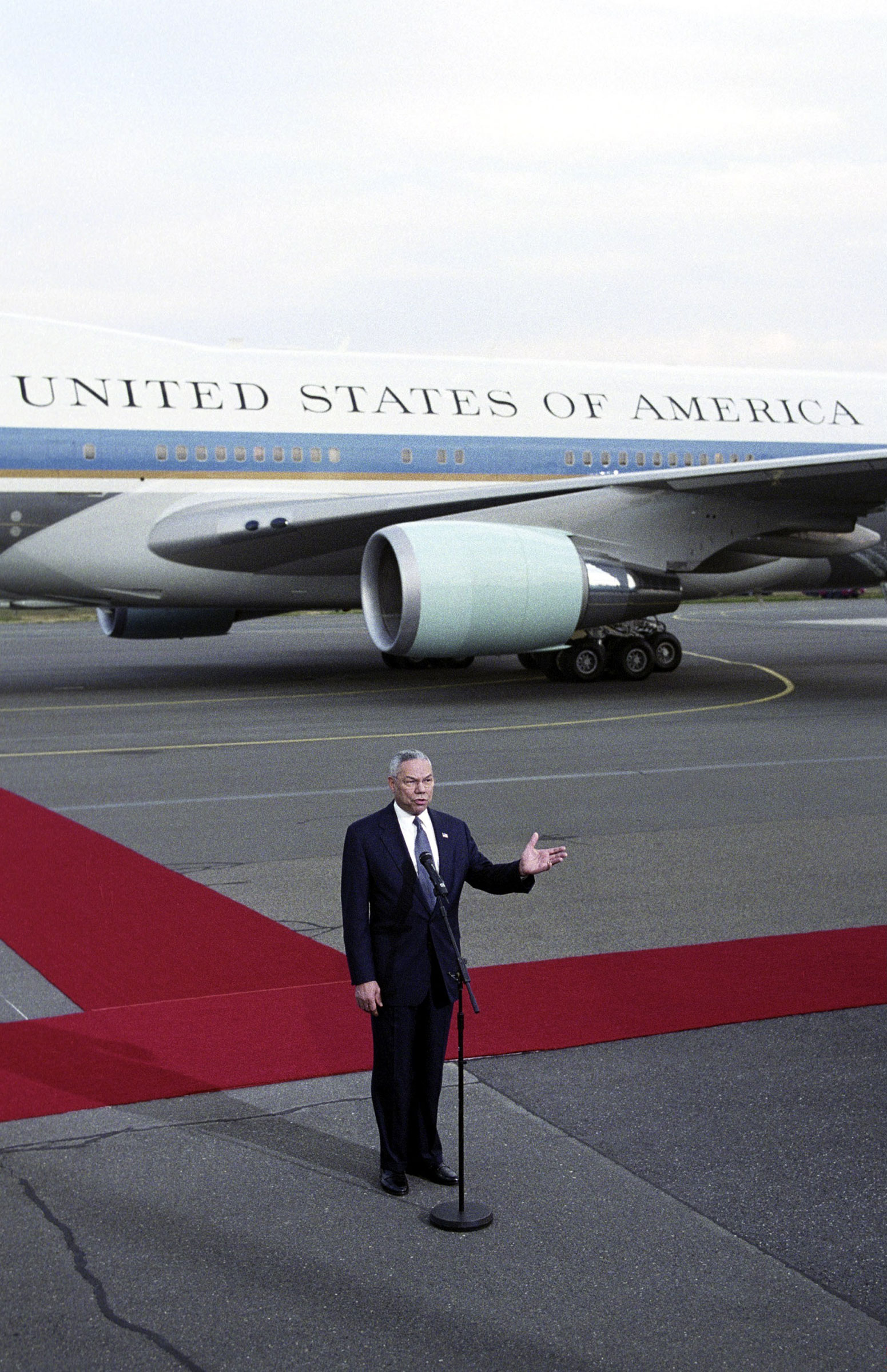 Secretary of State Colin Powell at Tegel Airport in Germany, 2003.