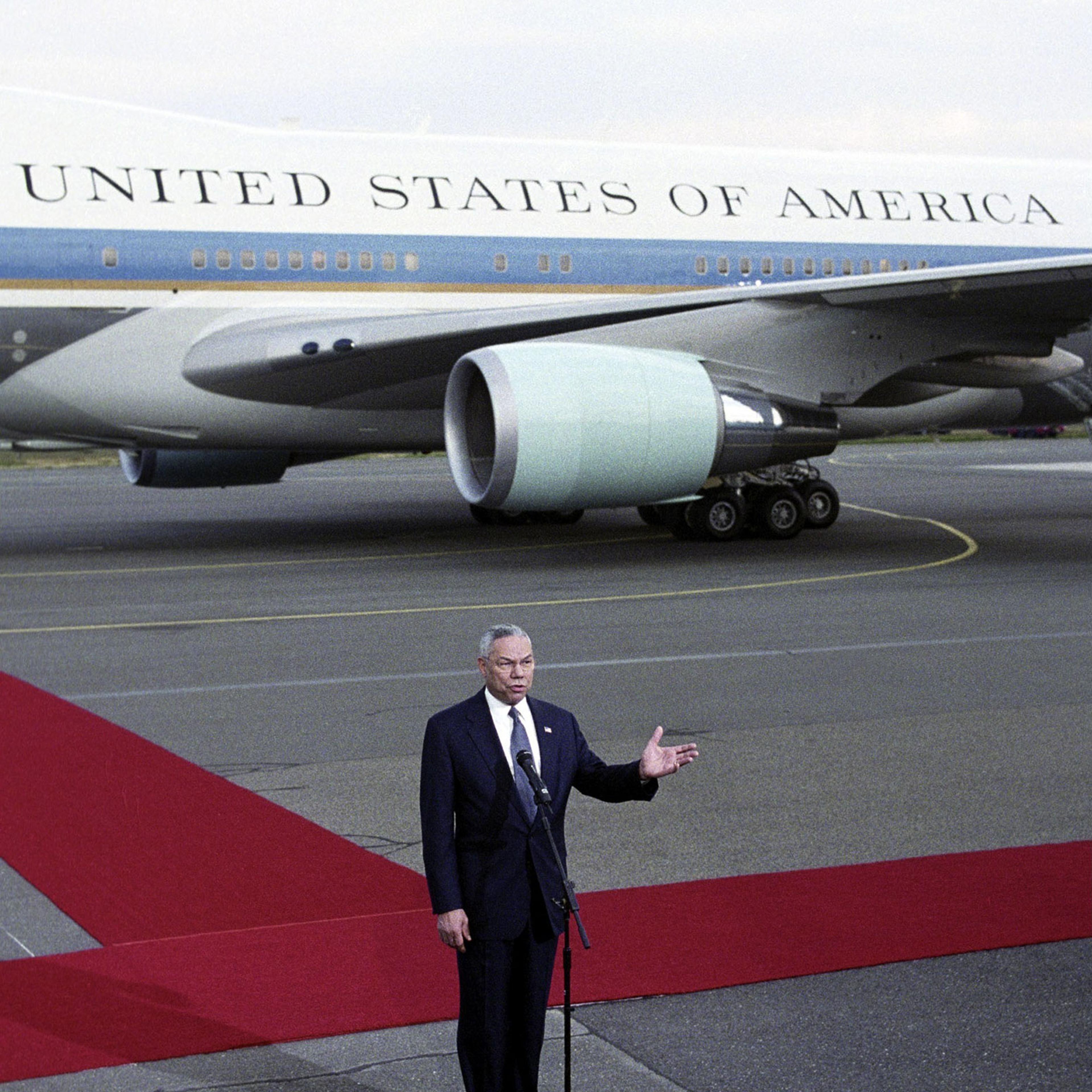 Secretary of State Colin Powell at Tegel Airport in Germany, 2003.
