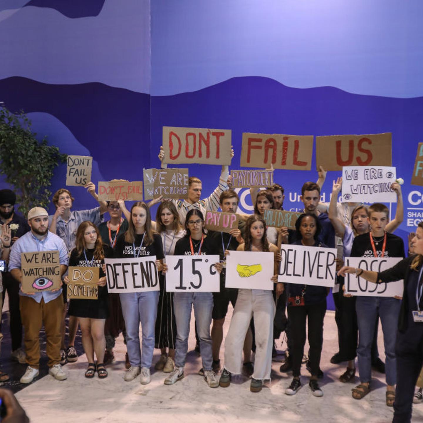 Climate activists protest at COP27 in Sharm el-Sheikh, Egypt, on Nov 19, 2022.