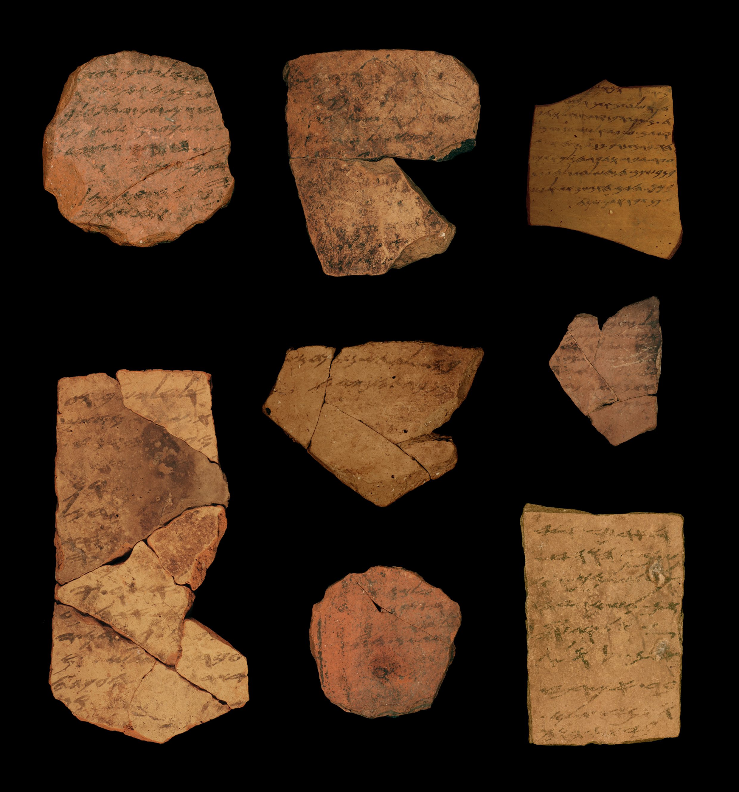 "Pictured are ostraca (ink inscriptions on clay) from the Iron Age fortress of Arad, located in arid southern Judah. These documents are dated to the latest phase of the First Temple Period in Judah, ca. 600 BCE. The texts represent correspondence of loc