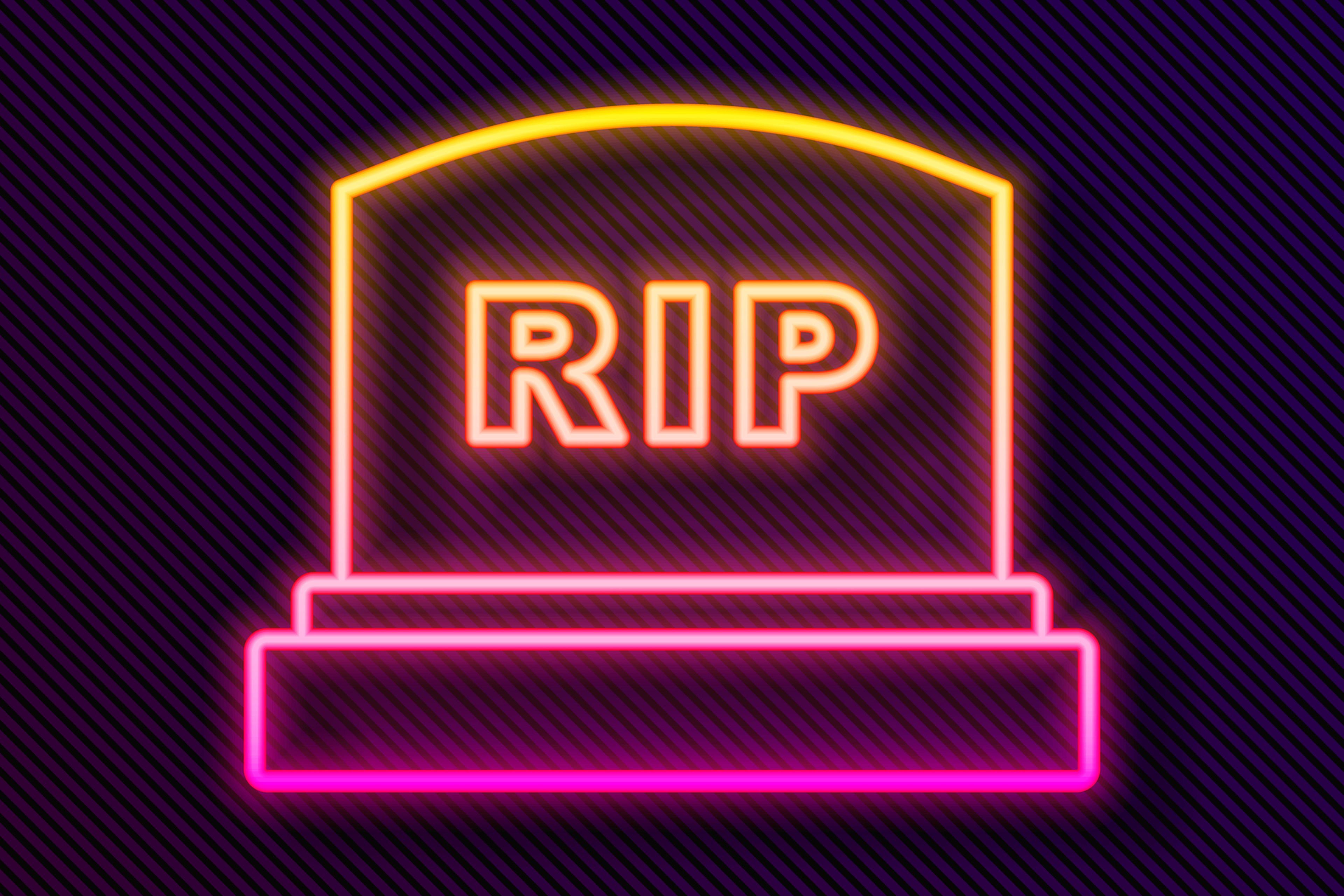 Glowing neon line tombstone with RIP written on it