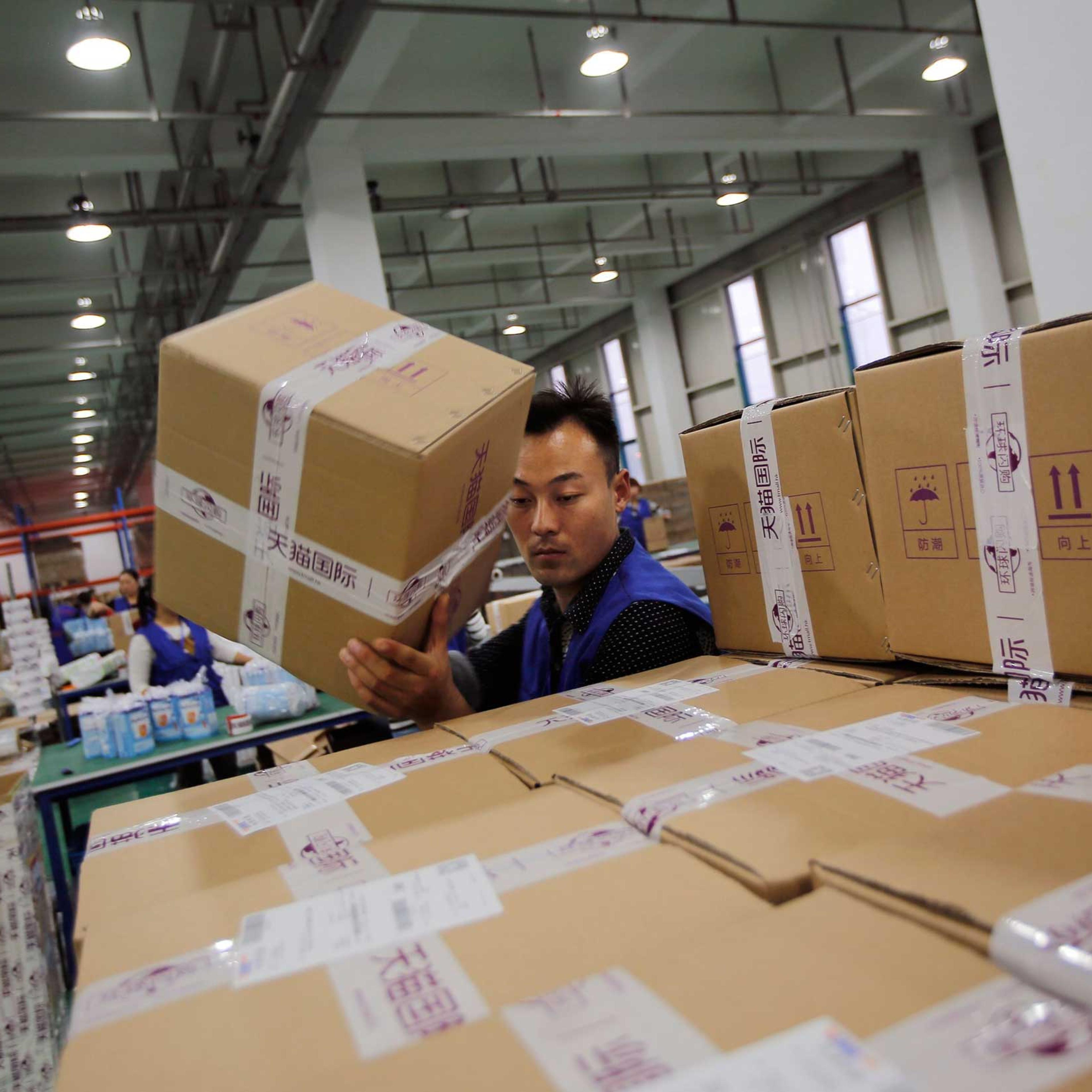An employee works at an Alibaba Group warehouse on the outskirts of Hangzhou, Zhejiang province