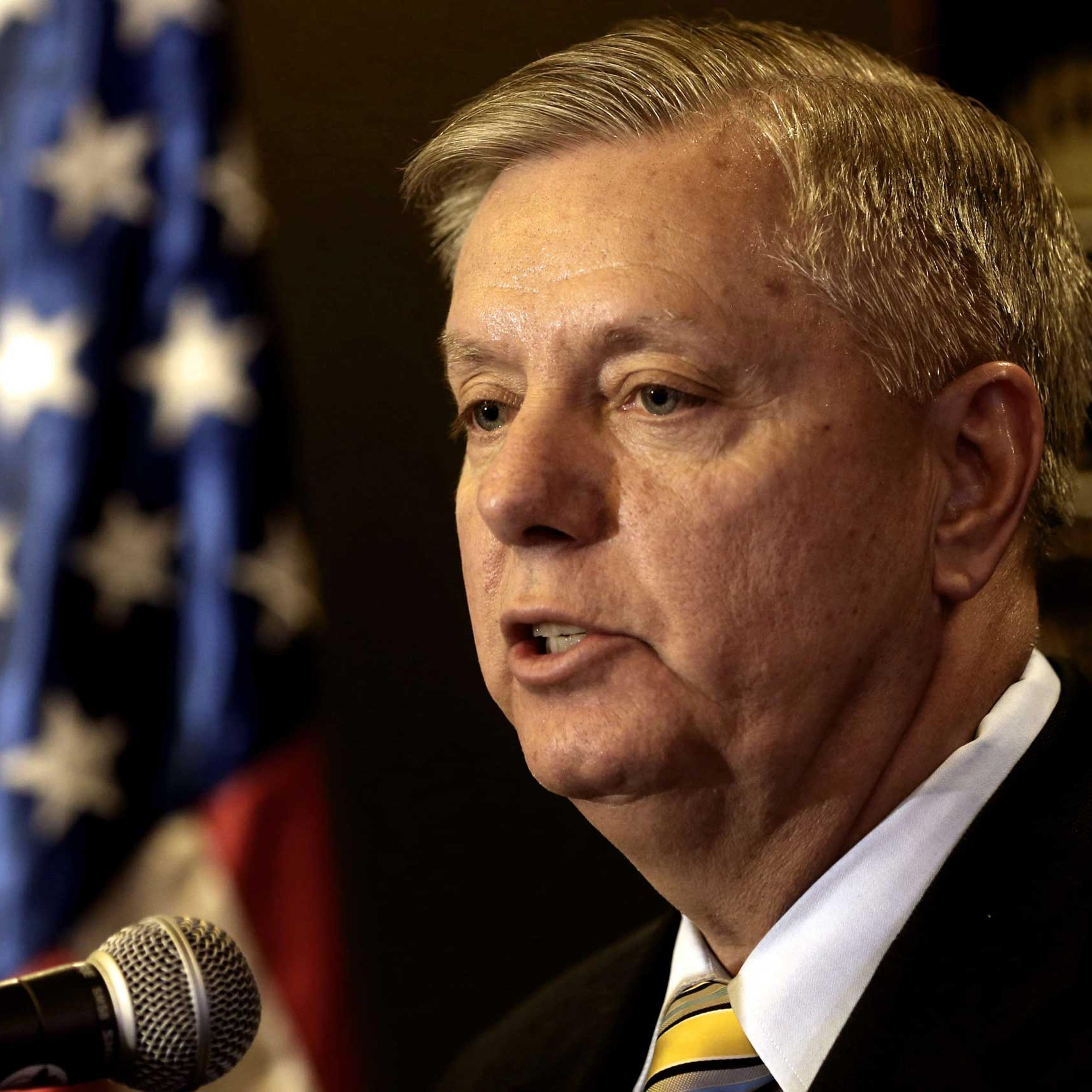 US Senator Lindsey Graham talks to the press during a press conference in Jerusalem on May 27, 2015.