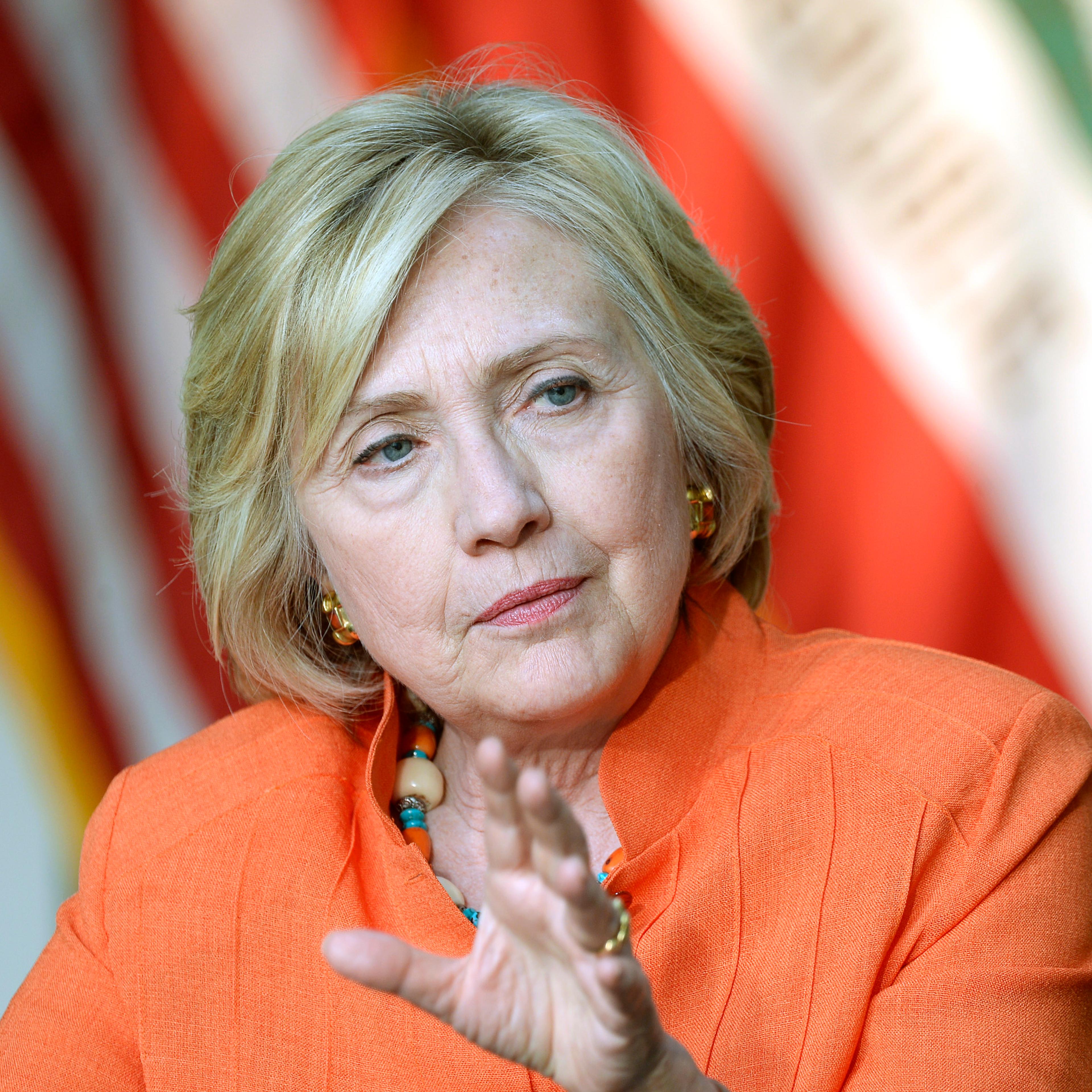 LOS ANGELES CA - AUGUST 6: Democratic Presidential hopeful and former Secretary of State Hillary Clinton (L) speaks during a Service Employees International Union event with home care providers at Los Angeles Trade Technical College August 6, 2015, in Lo