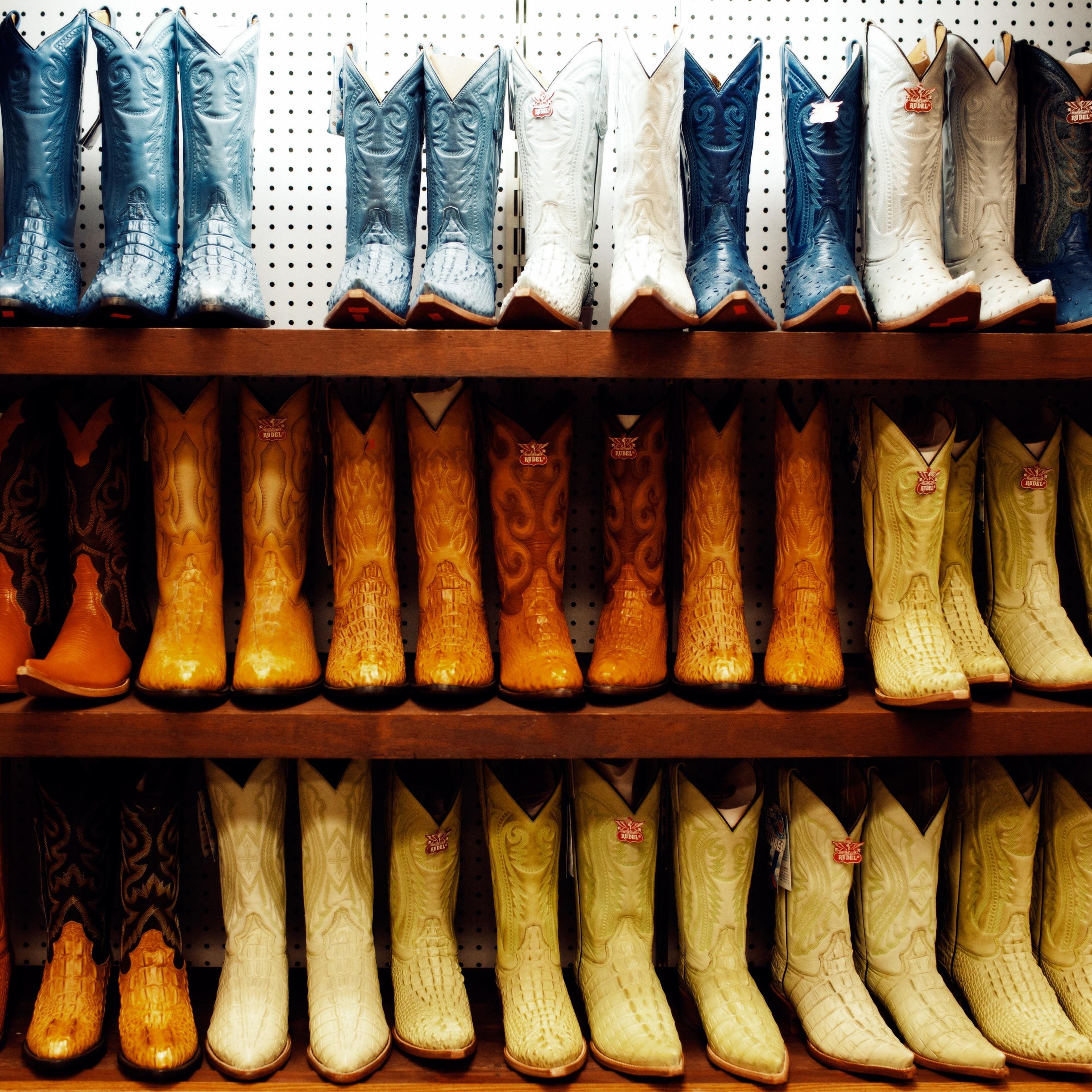 Cowboy boots in a rainbow of color for sale at José de Jésus Legaspi's La Gran Plaza.