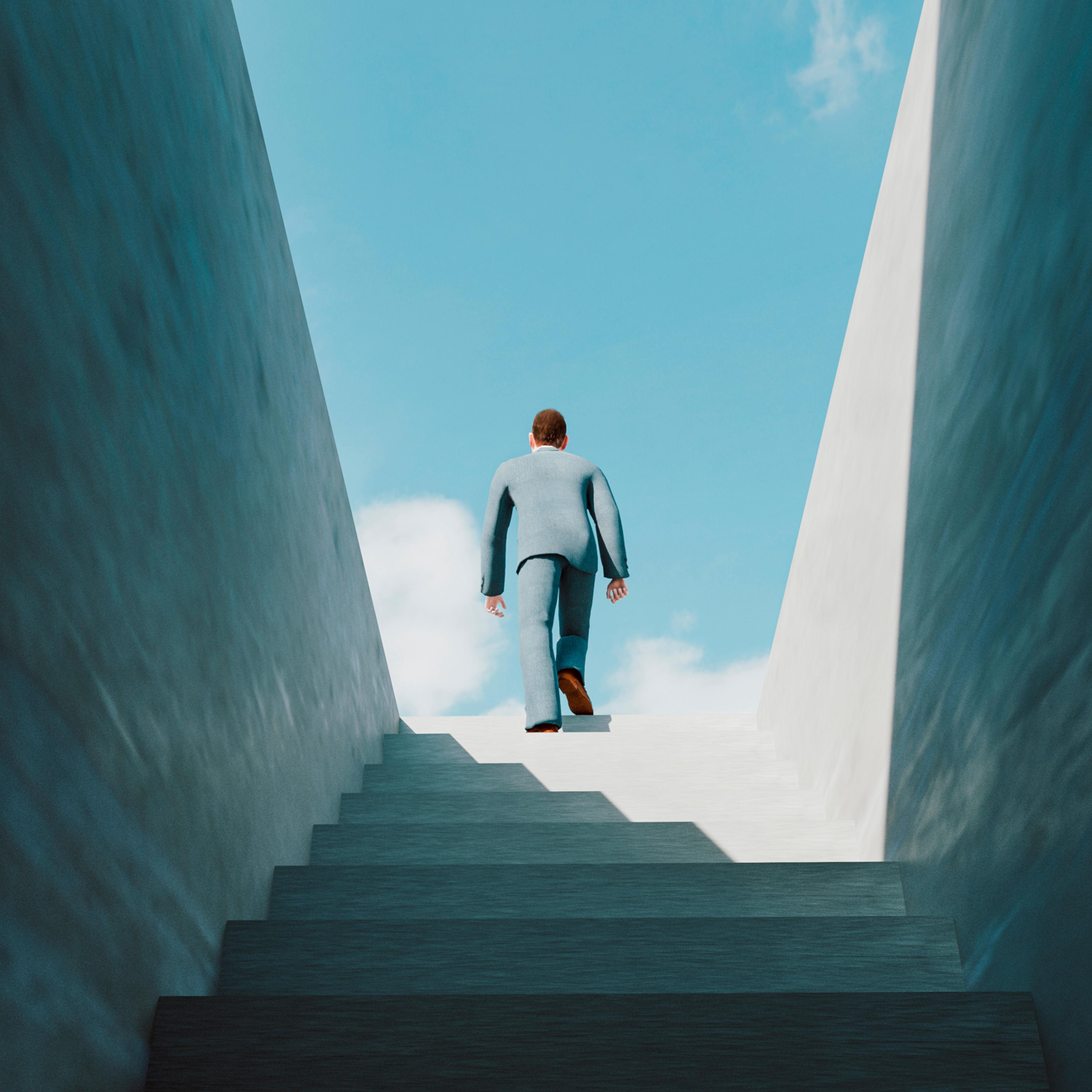 Man walks the ladder of success and reaches the top