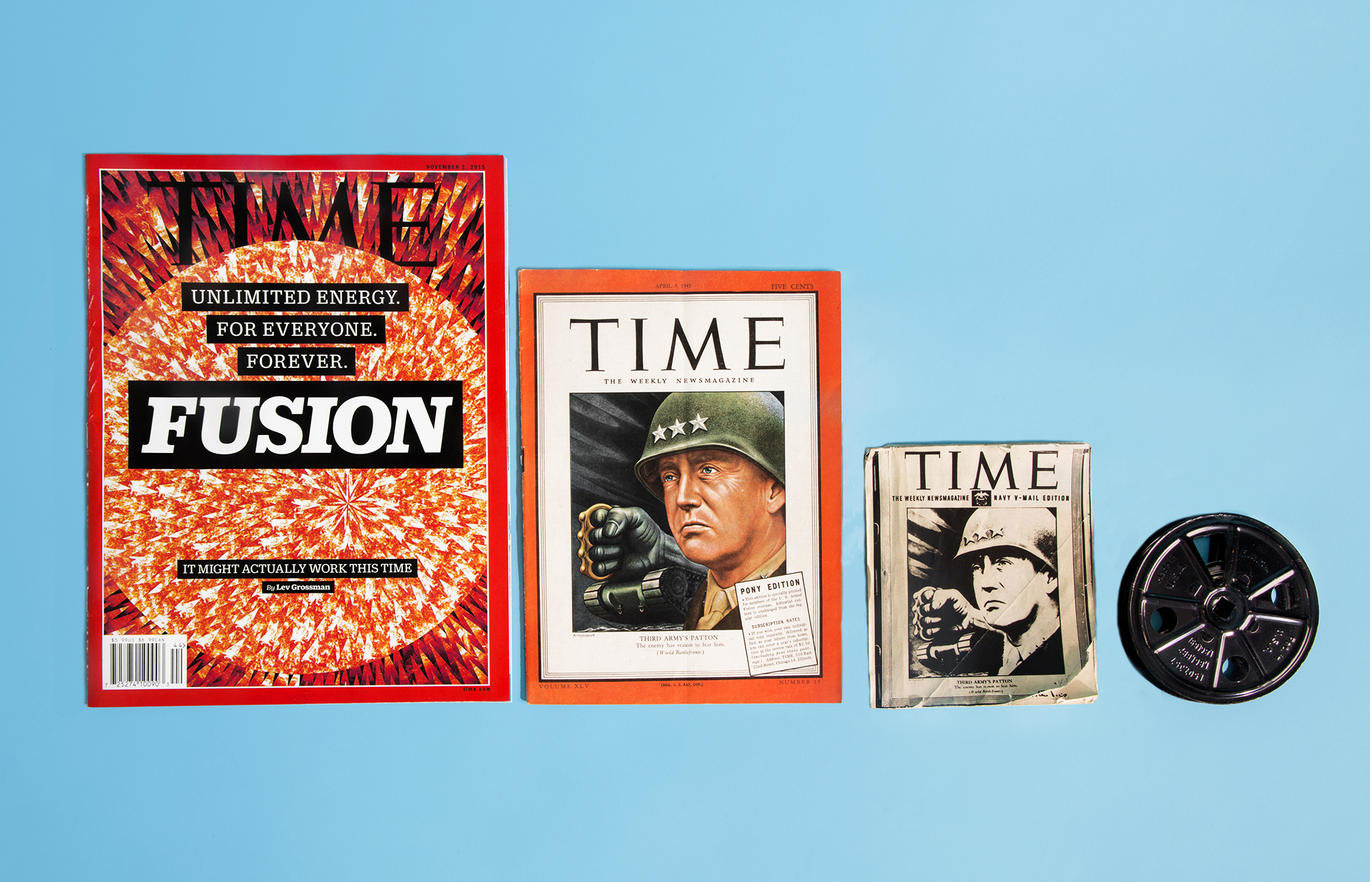<strong>Pony Editions of TIME: </strong> <i>(regular sized edition of TIME at left for scale)</i> In 1942, TIME began printing "pony" editions of its magazines for U.S. armed forces members fighting in World War II abroad. The slimmer, smaller copies had all the same text, but thinner paper and no advertisements, to facilitate shipping overseas. Pictured on the right is an even smaller microfilm copy of the magazine, printed in black and white on-site for troops who subscribed to the TIME microfilm reels (far right) that were even easier to ship.